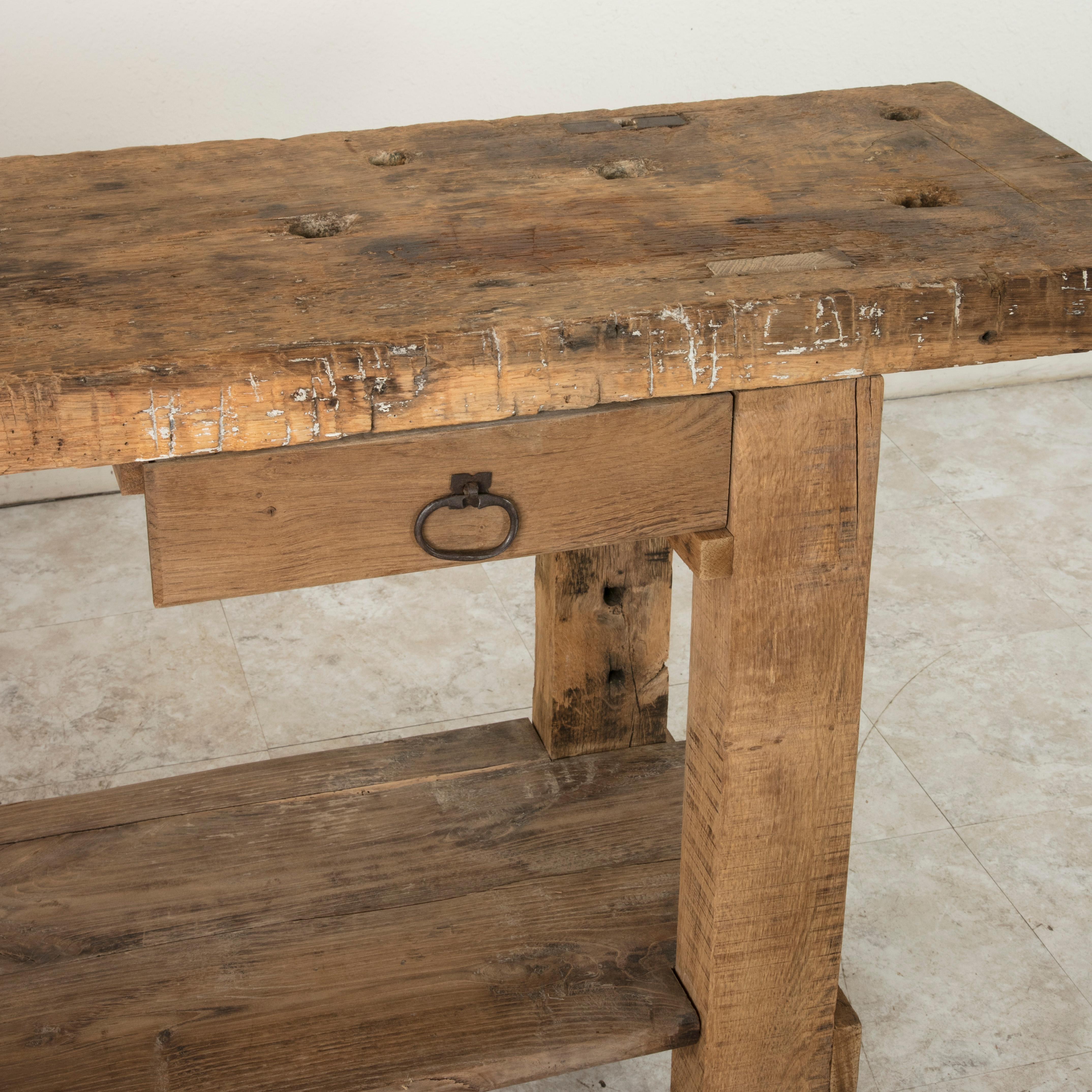 Late 19th Century French Stripped Oak Workbench, Console, Sofa Table with Vise 3