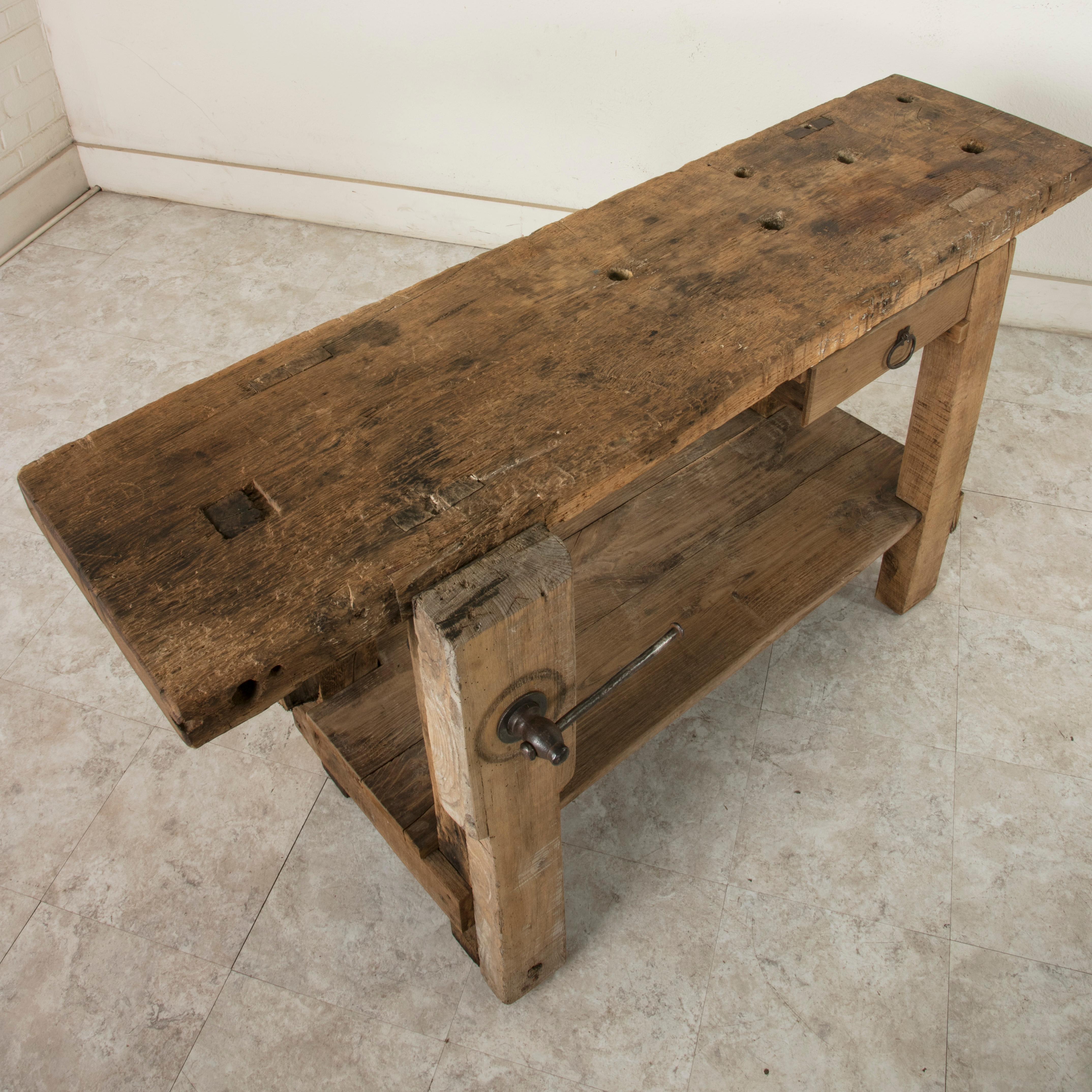 Late 19th Century French Stripped Oak Workbench, Console, Sofa Table with Vise 5