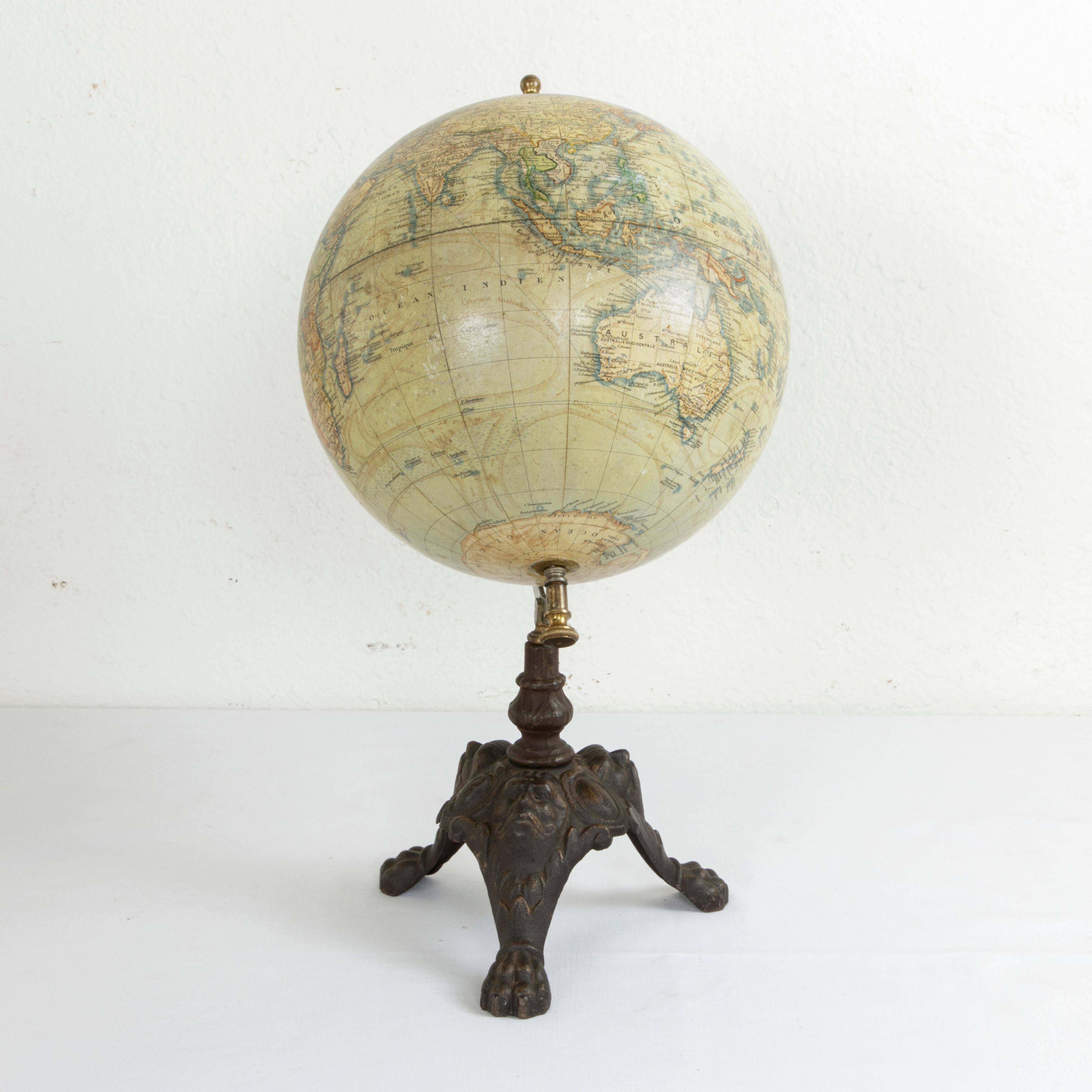 Late 19th Century French Terrestrial Globe on Cast Iron Base by Jules Lebegue In Good Condition In Fayetteville, AR