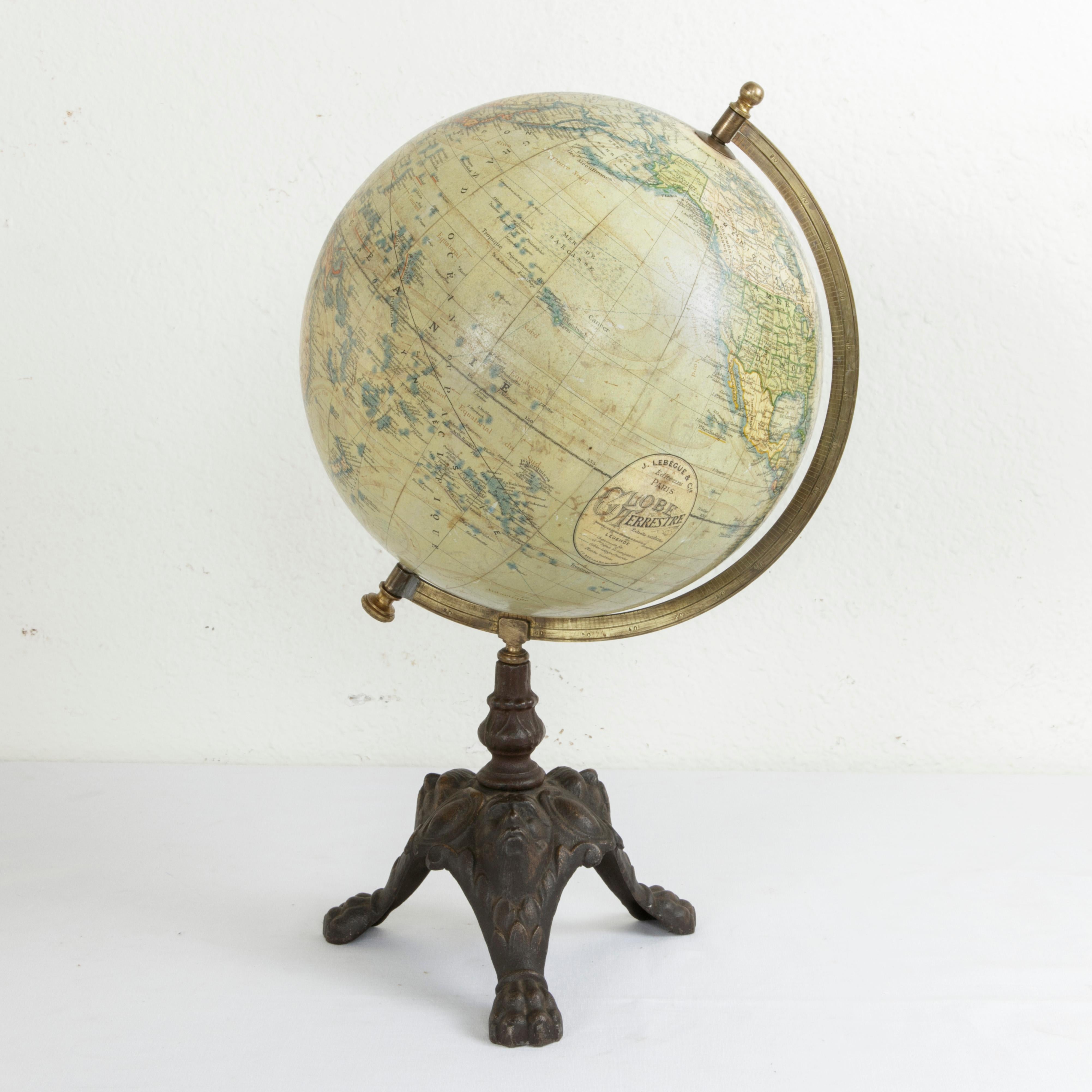 Late 19th Century French Terrestrial Globe on Cast Iron Base by Jules Lebegue 1