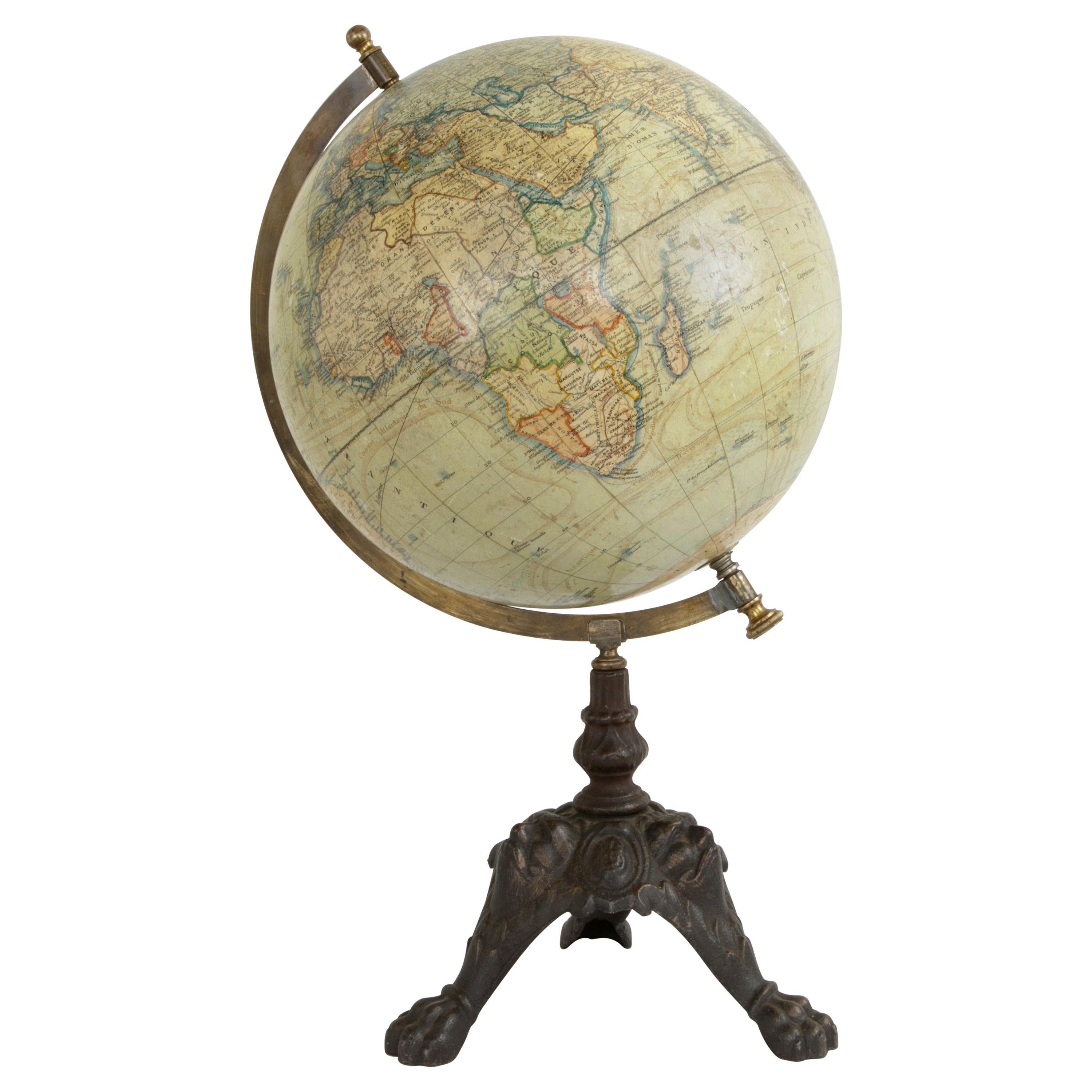 Late 19th Century French Terrestrial Globe on Cast Iron Base by Jules Lebegue