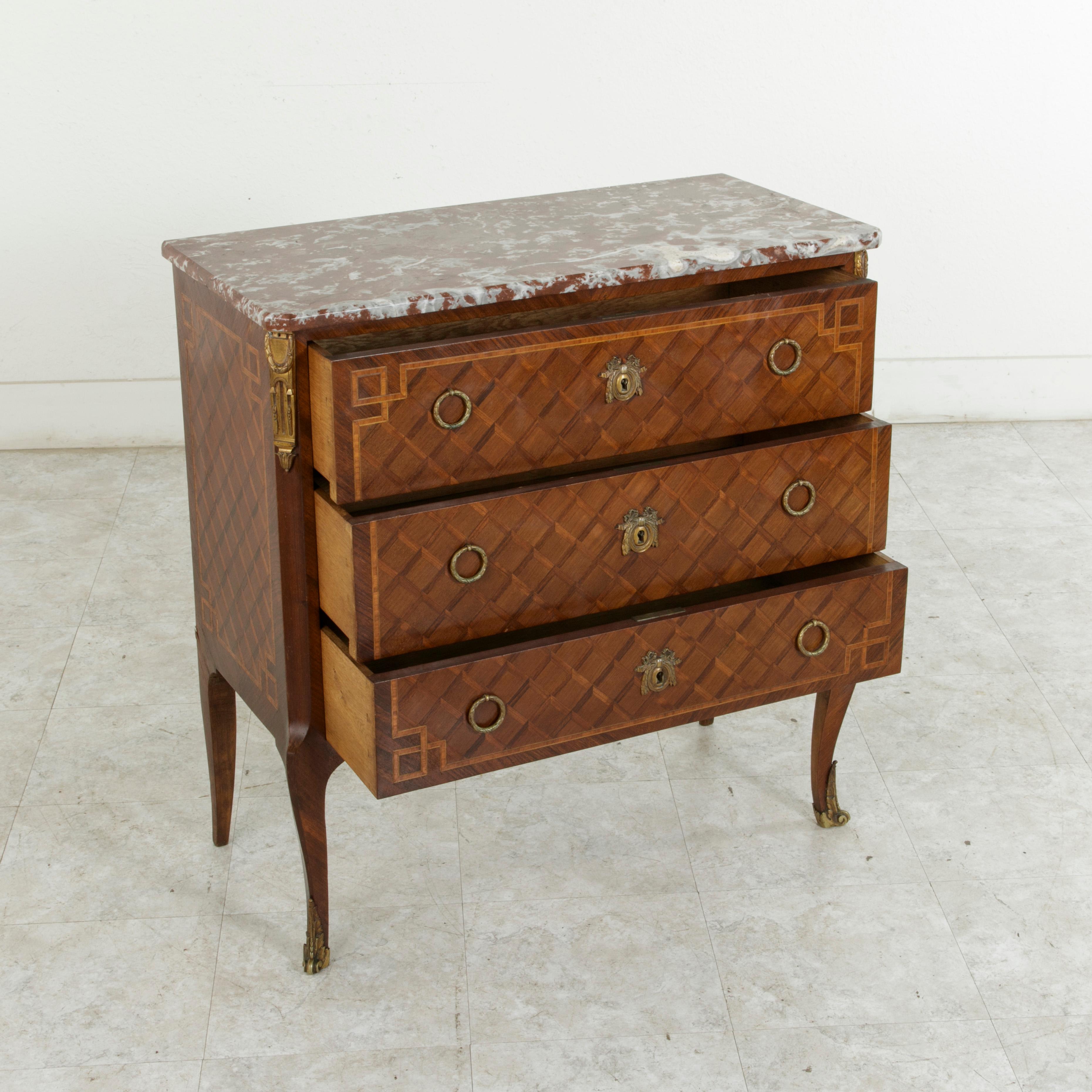 Late 19th Century French Transition Style Marquetry Commode or Chest, Marble Top 5