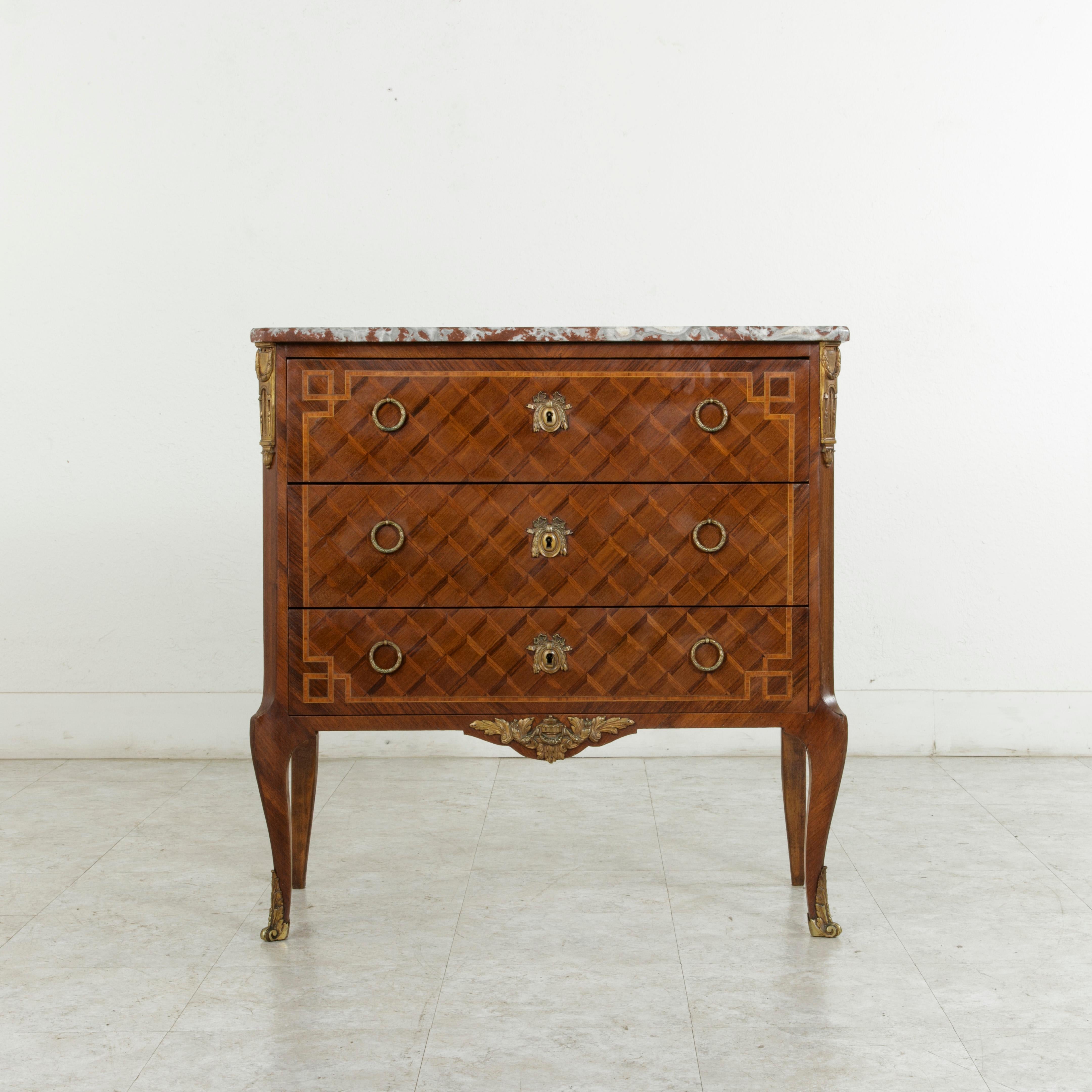 Louis XVI Late 19th Century French Transition Style Marquetry Commode or Chest, Marble Top