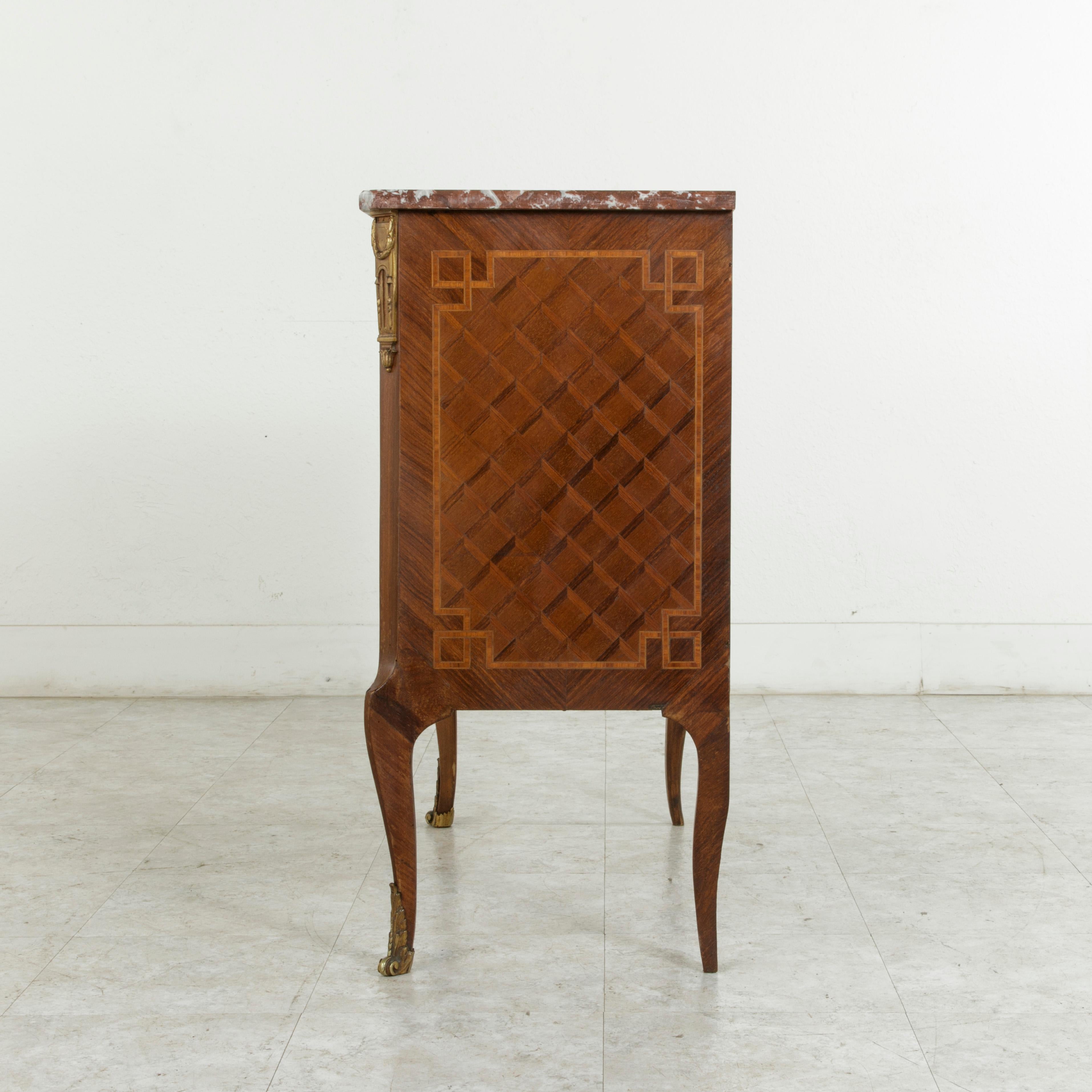 Late 19th Century French Transition Style Marquetry Commode or Chest, Marble Top In Good Condition In Fayetteville, AR