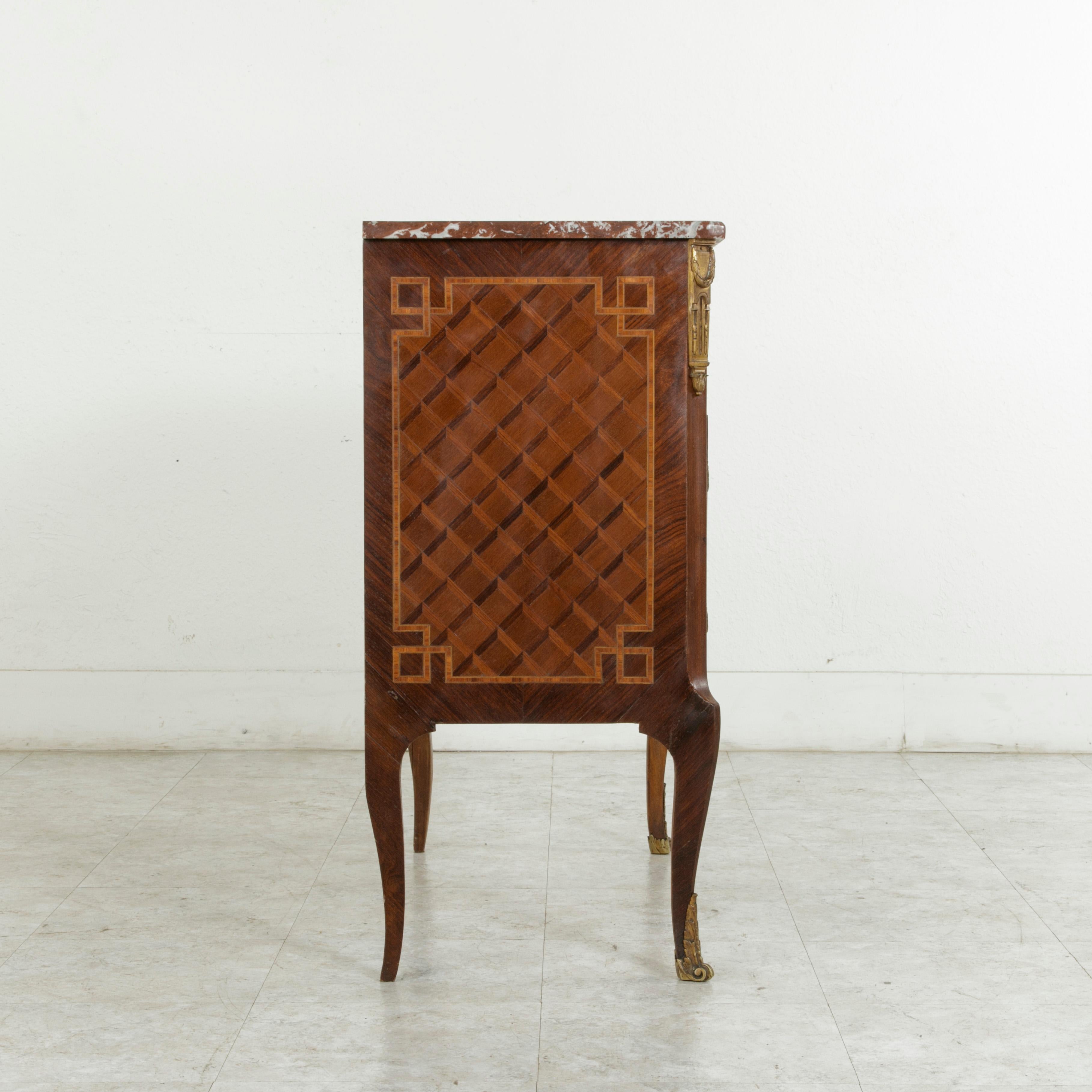 Walnut Late 19th Century French Transition Style Marquetry Commode or Chest, Marble Top