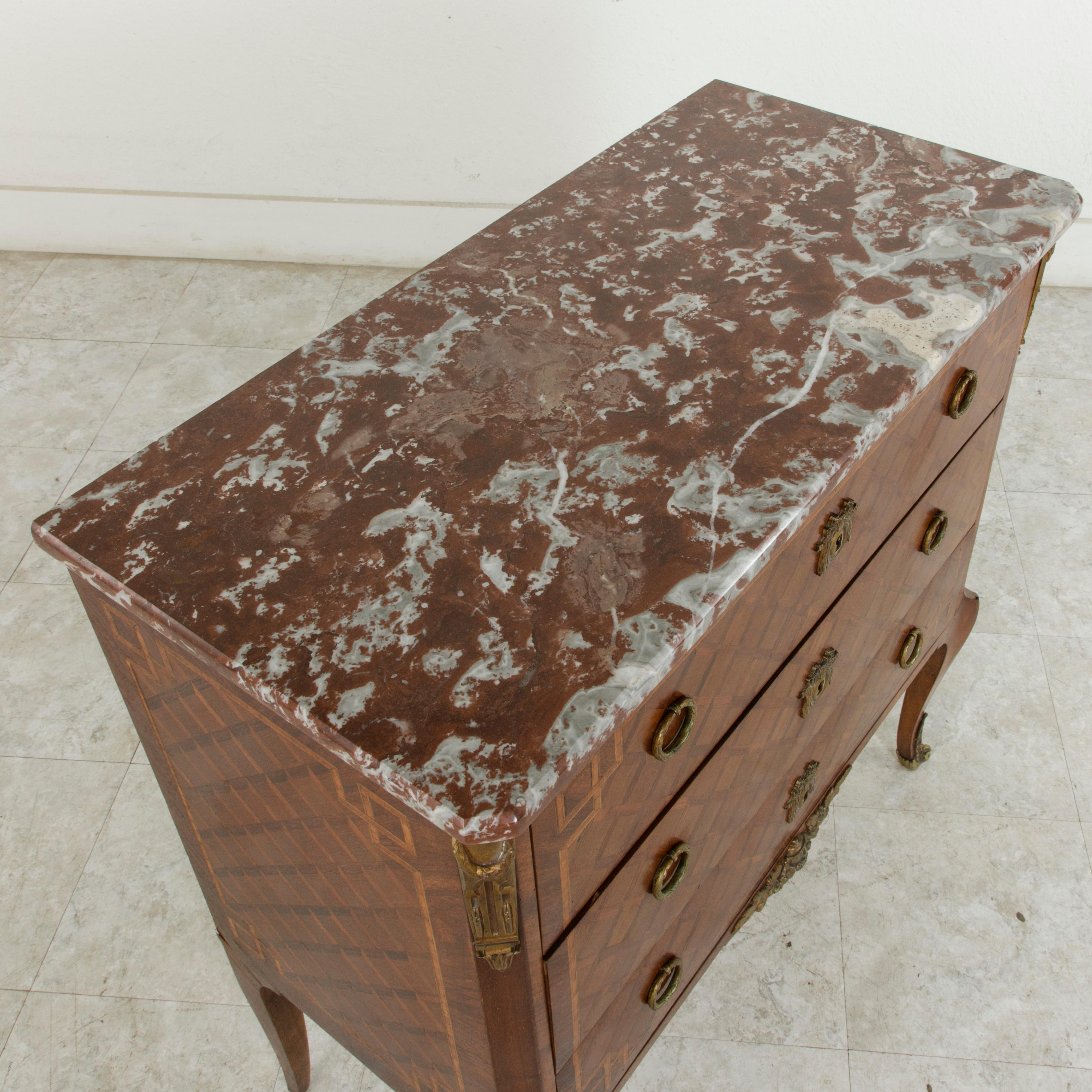 Late 19th Century French Transition Style Marquetry Commode or Chest, Marble Top 1