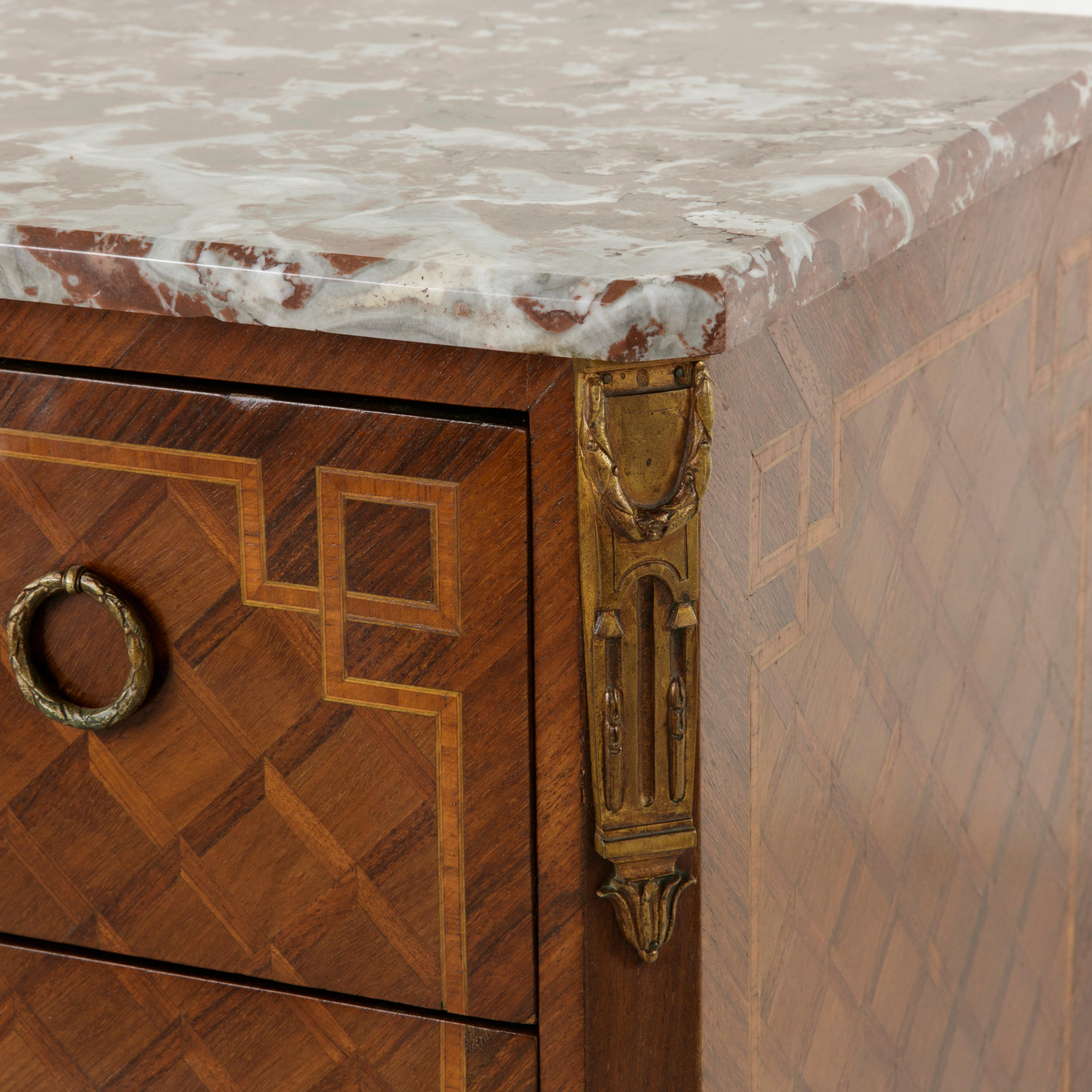 Late 19th Century French Transition Style Marquetry Commode or Chest, Marble Top 2