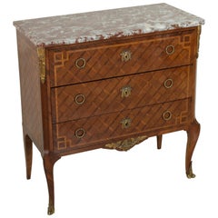Antique Late 19th Century French Transition Style Marquetry Commode or Chest, Marble Top