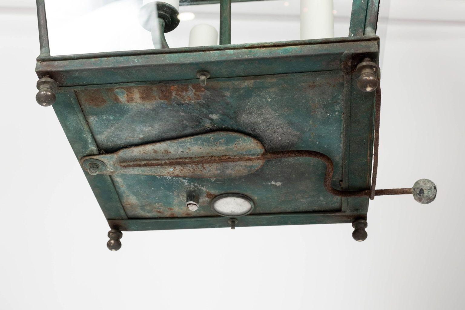 Late 19th Century French Verdigris Green Copper Glass Paneled Lantern For Sale 5