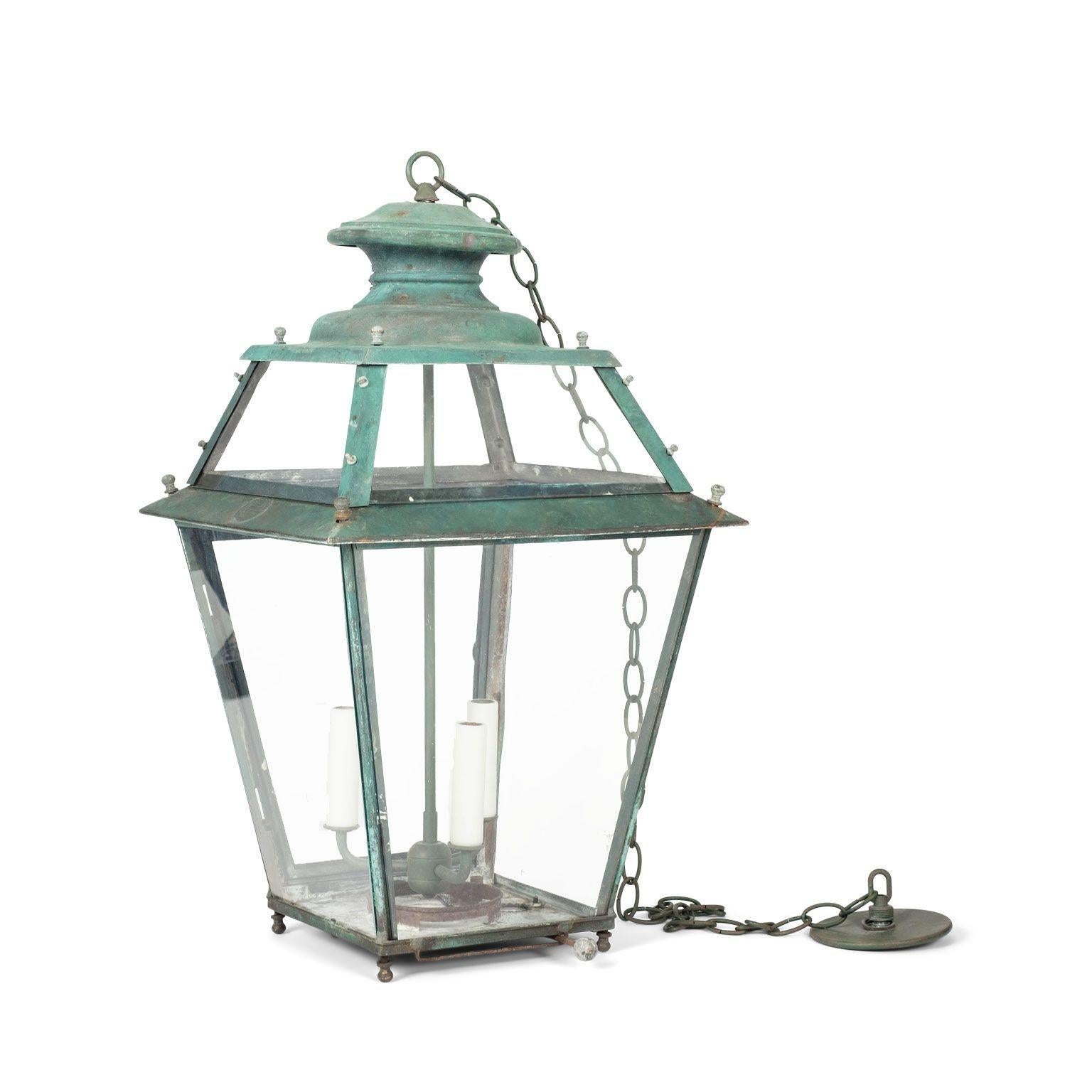 Late 19th Century French Verdigris Green Copper Glass Paneled Lantern For Sale 6