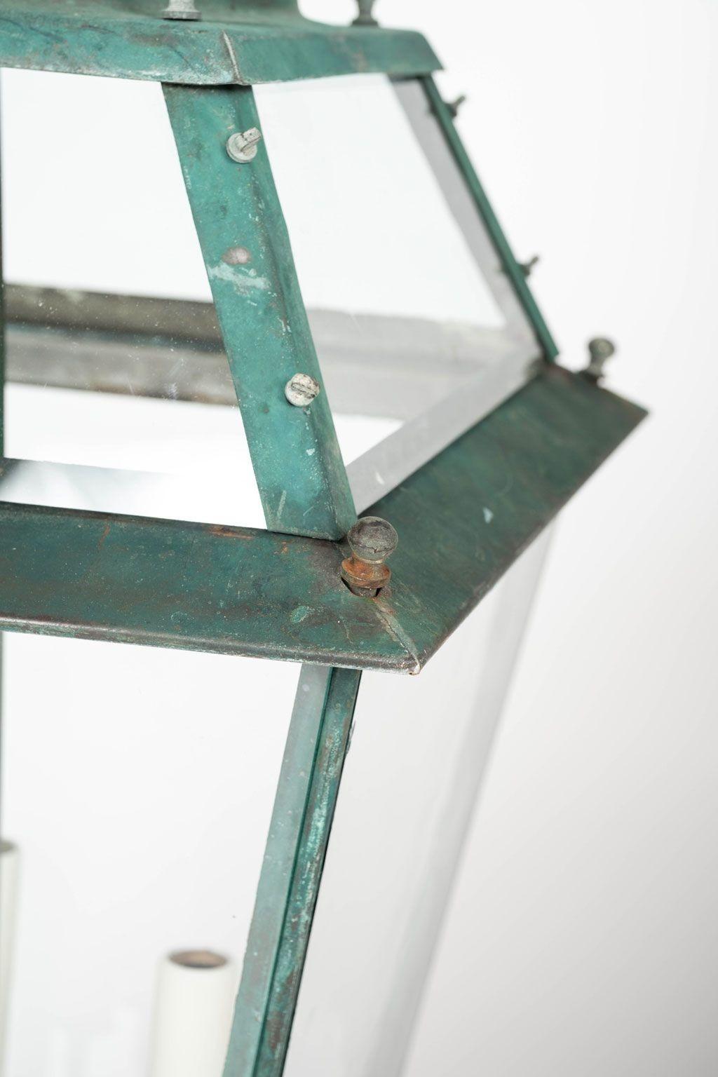 French Provincial Late 19th Century French Verdigris Green Copper Glass Paneled Lantern For Sale