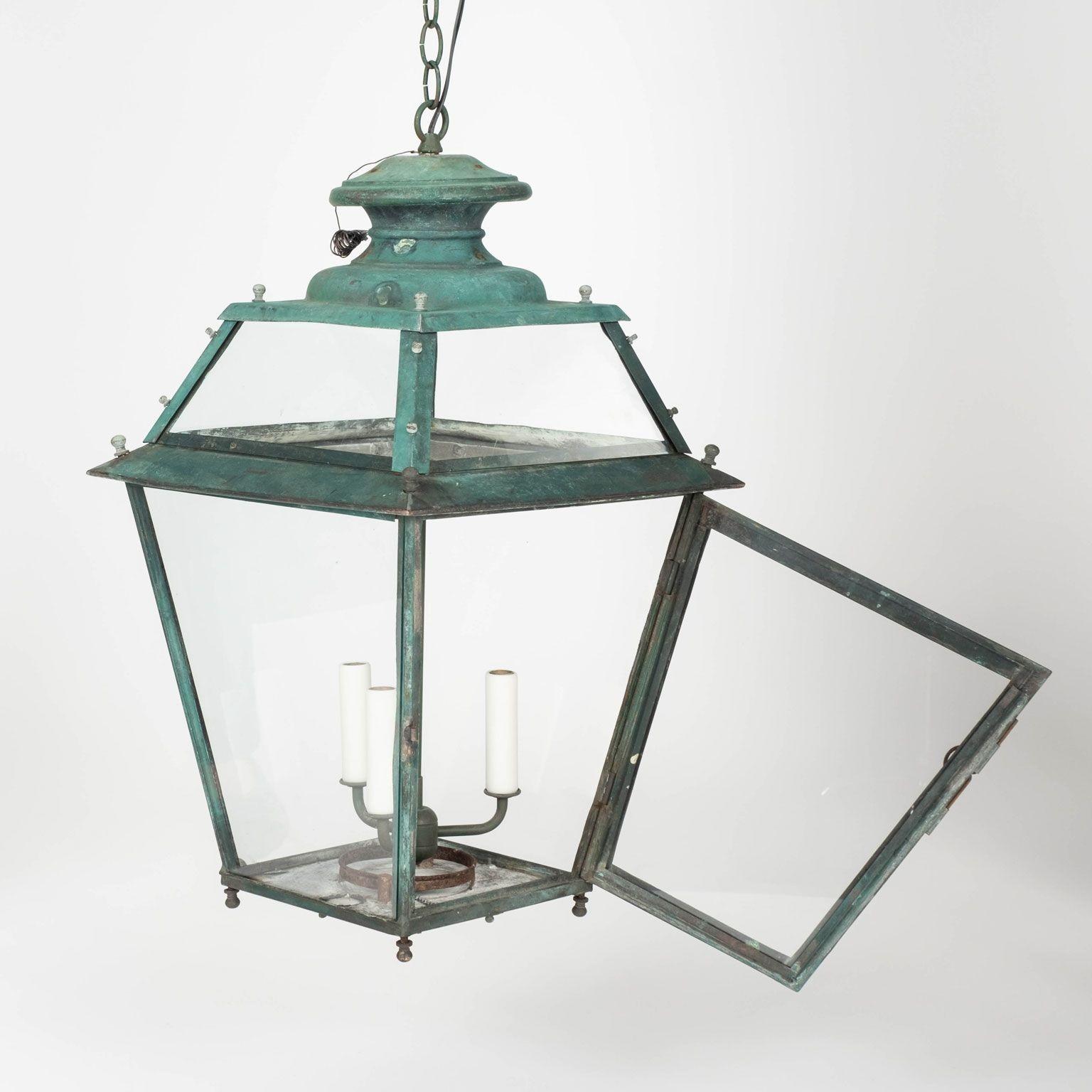 Late 19th Century French Verdigris Green Copper Glass Paneled Lantern In Good Condition For Sale In Houston, TX