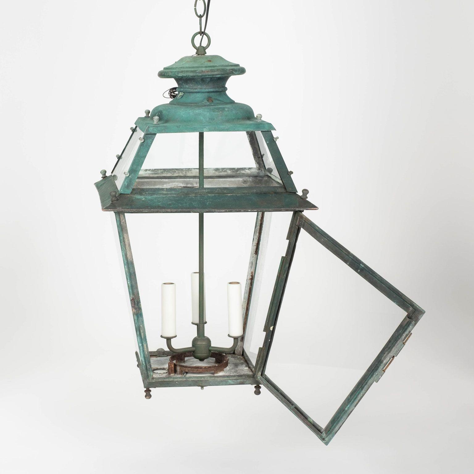 Late 19th Century French Verdigris Green Copper Glass Paneled Lantern For Sale 1