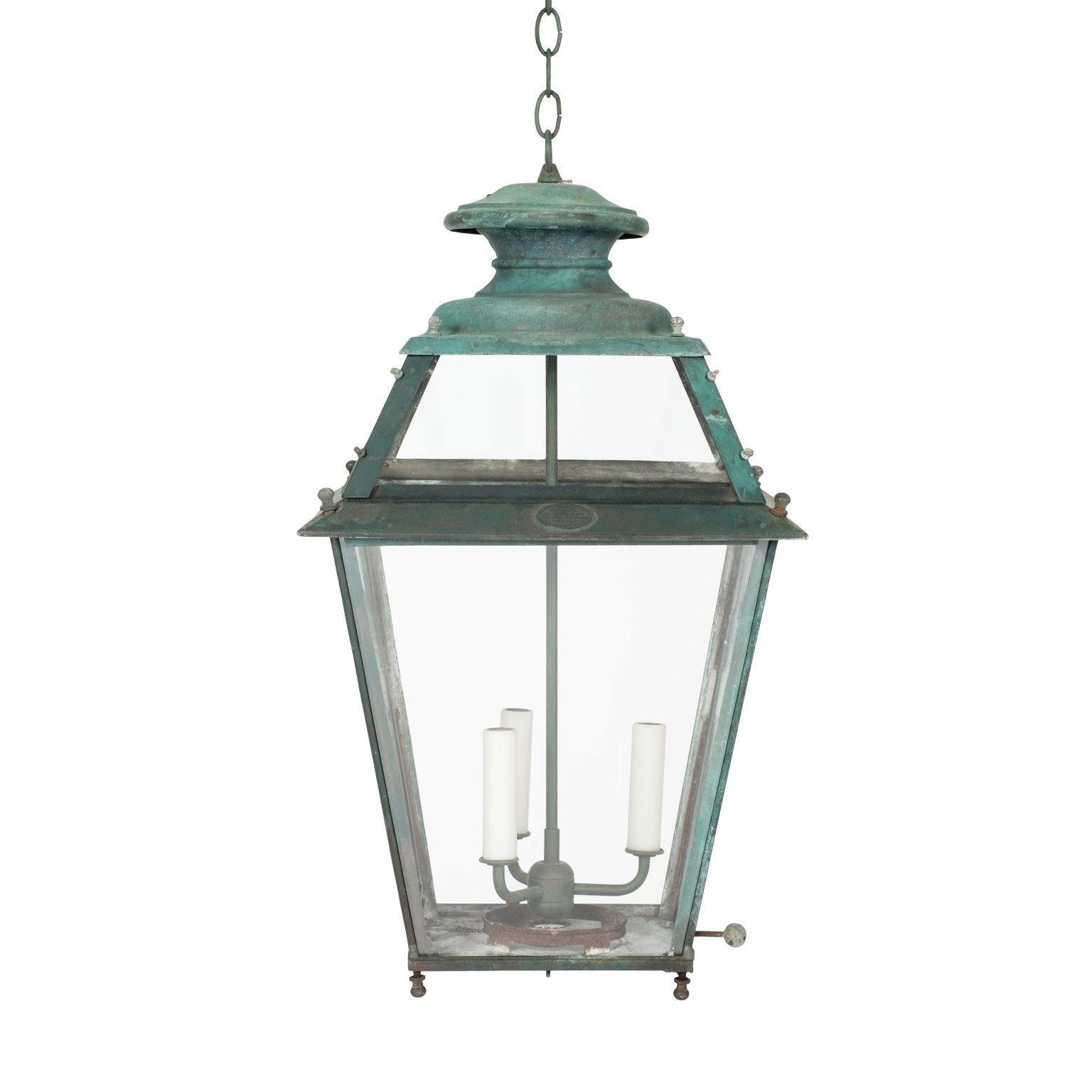 Late 19th Century French Verdigris Green Copper Glass Paneled Lantern For Sale 3