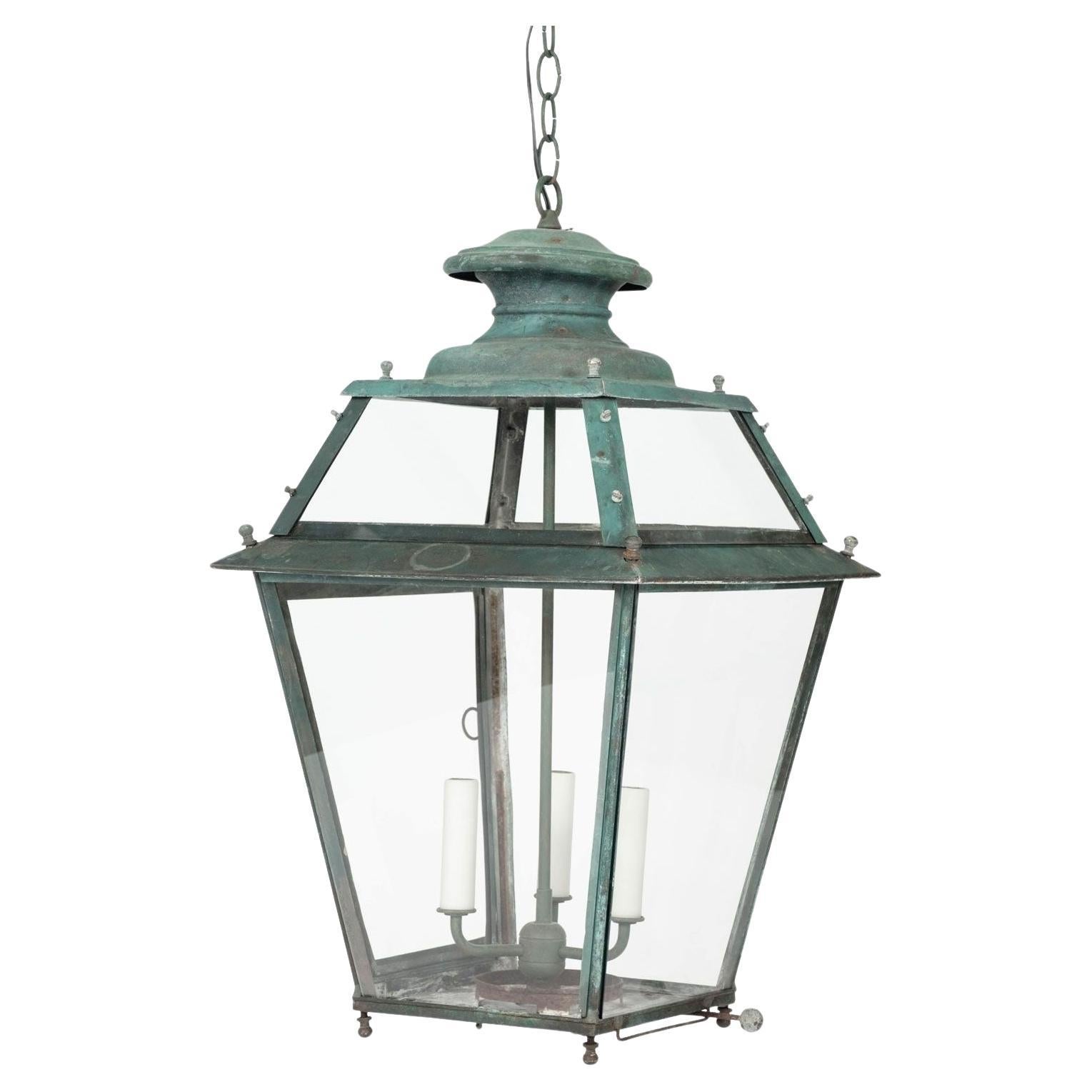Late 19th Century French Verdigris Green Copper Glass Paneled Lantern For Sale