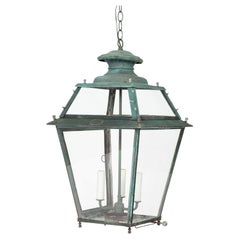 Late 19th Century French Verdigris Green Copper Glass Paneled Lantern