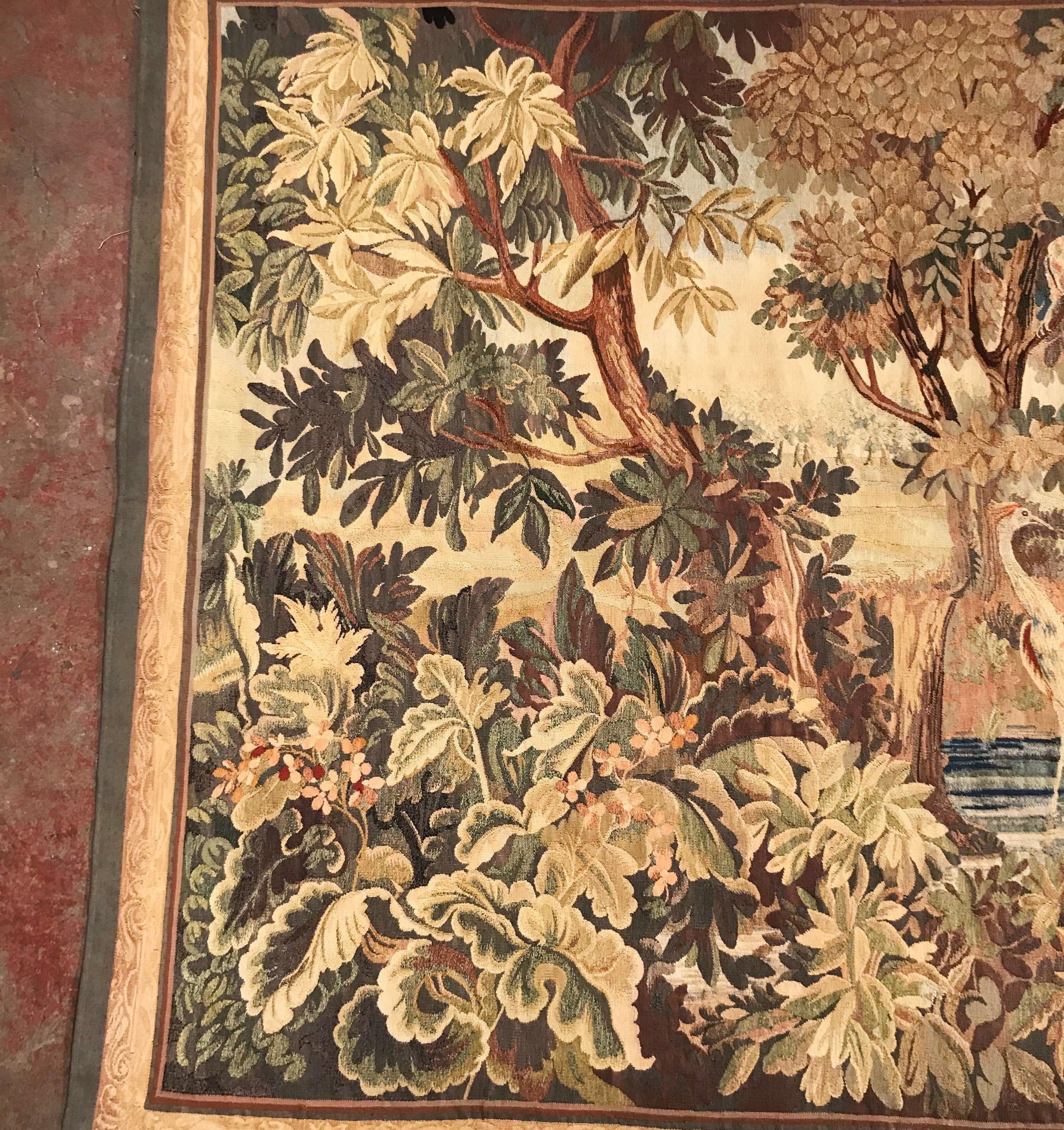 Hand-Woven Late 19th Century French Verdure Aubusson Tapestry with Birds, Trees and Stream