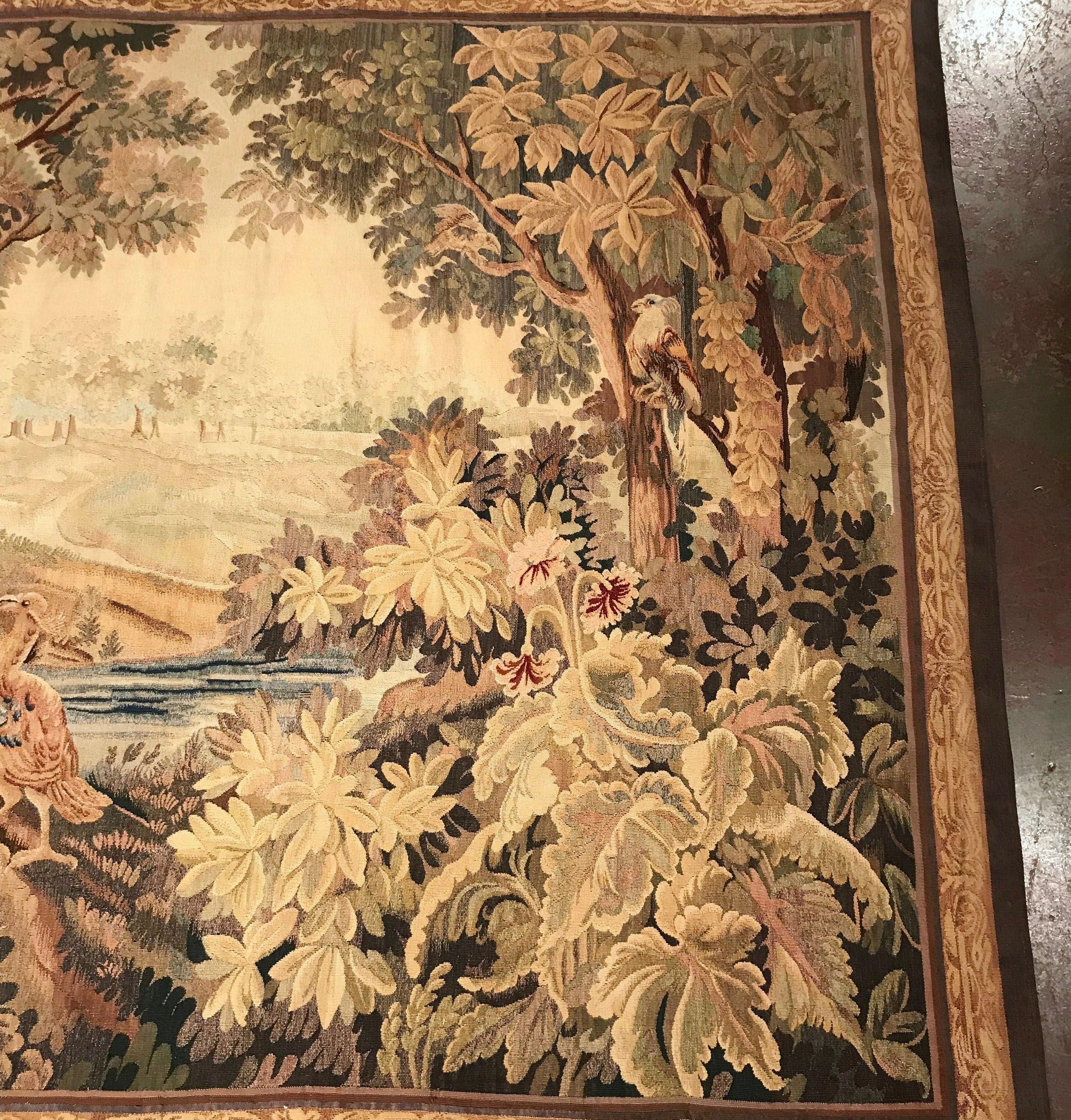 Late 19th Century French Verdure Aubusson Tapestry with Birds, Trees and Stream In Excellent Condition In Dallas, TX