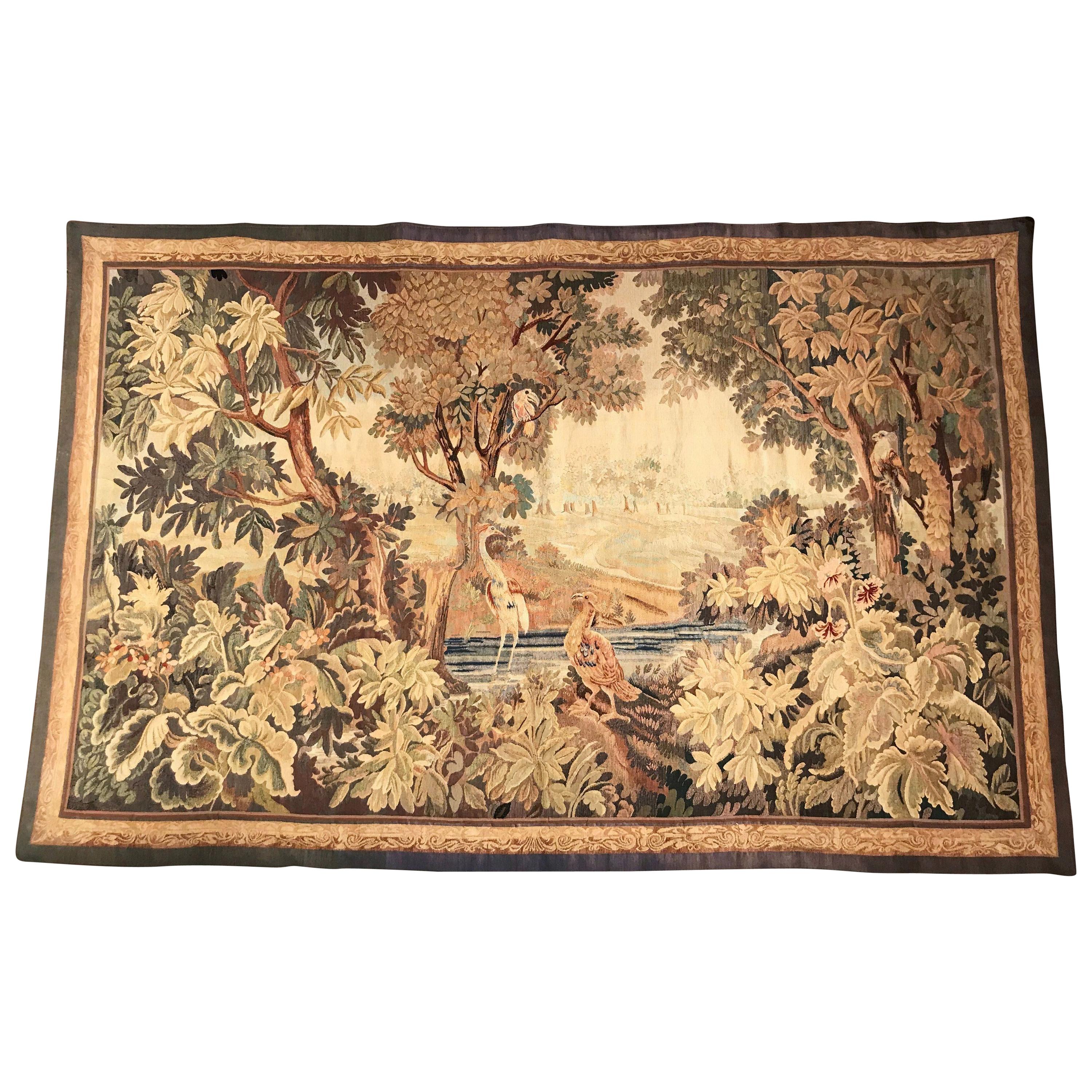 Late 19th Century French Verdure Aubusson Tapestry with Birds, Trees and Stream