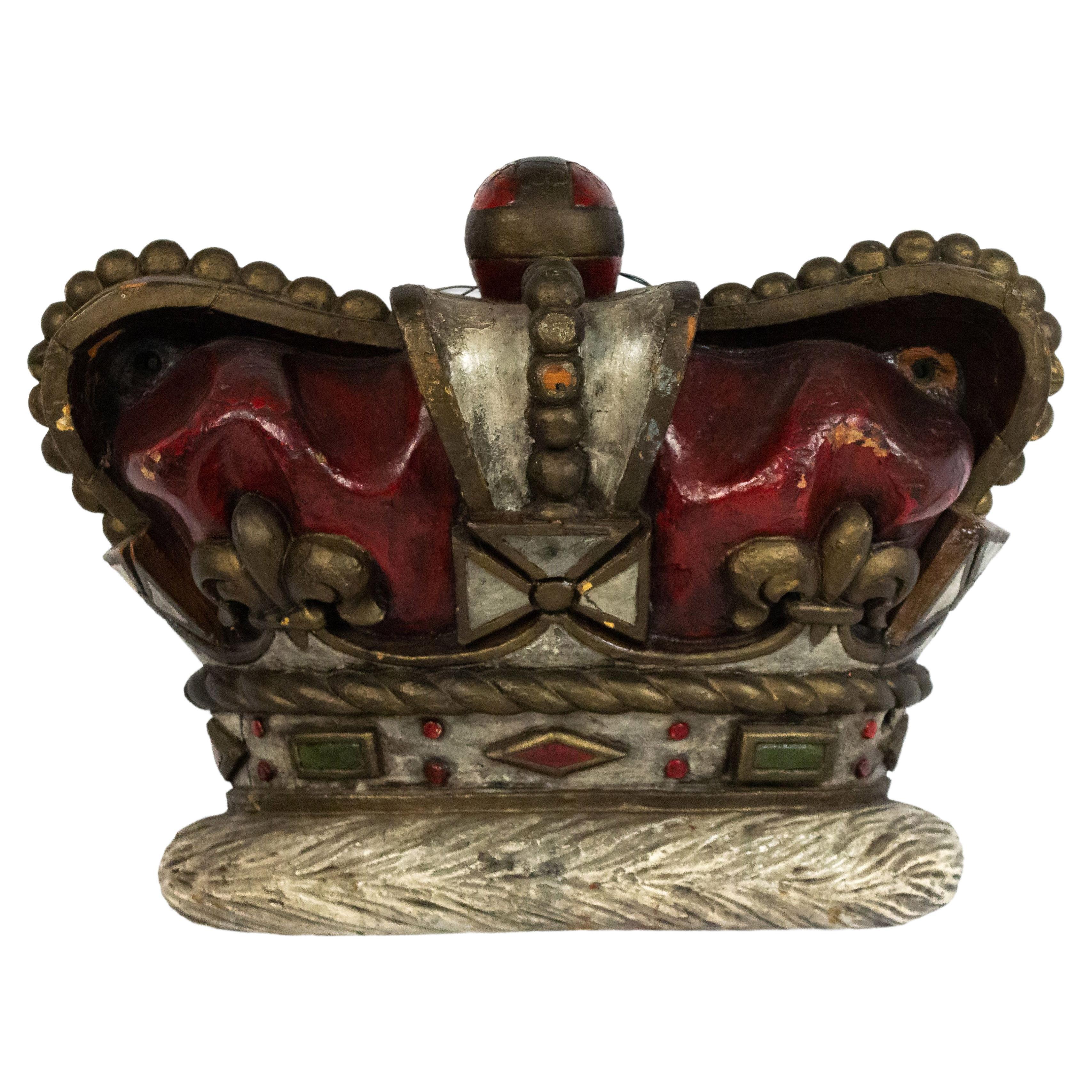 Late 19th Century French Victorian Carved Polychrome Wooden Crown Wall Plaque For Sale