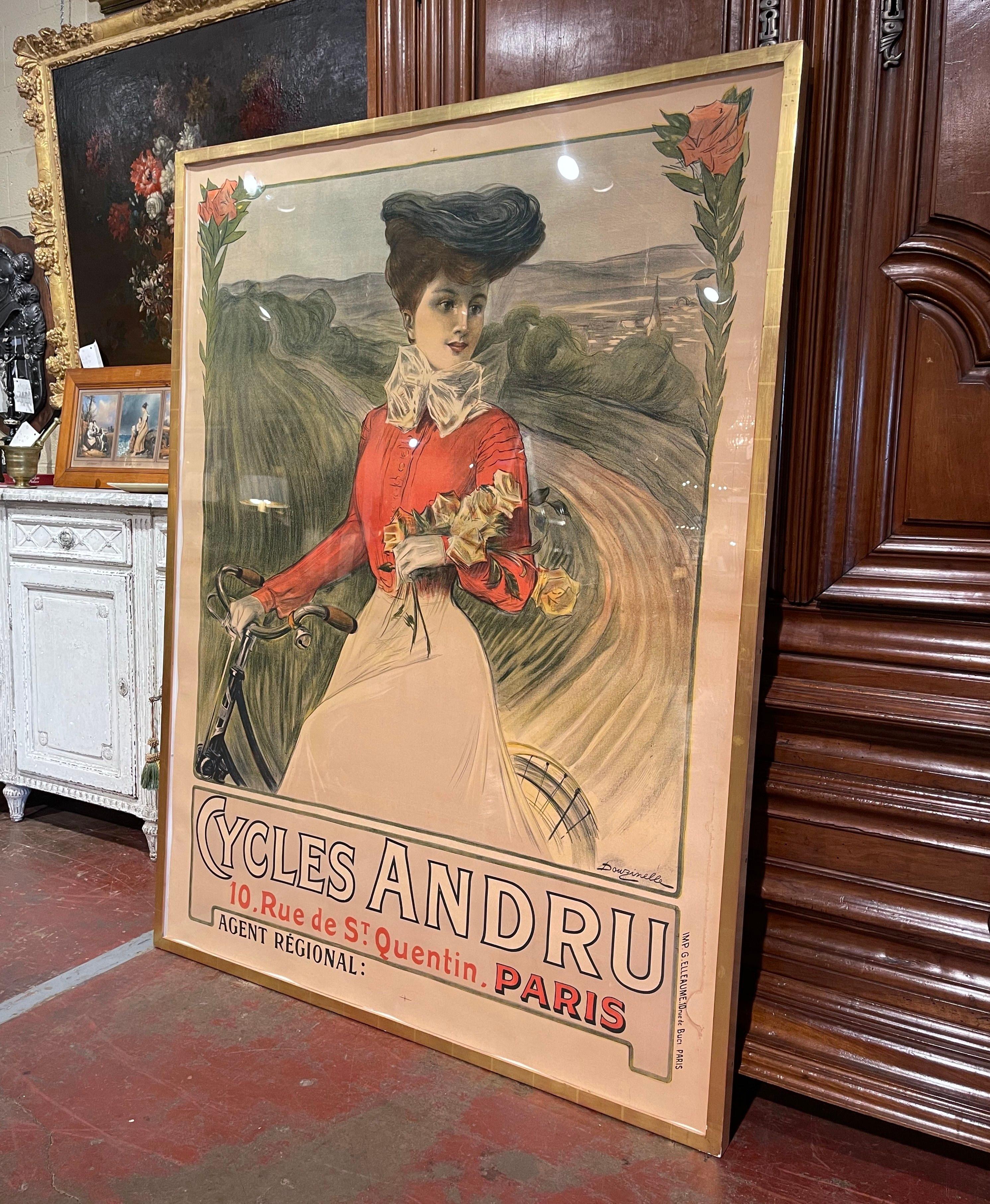 Decorate a game room or exercise room with this large and colorful antique Belle Epoque poster! Created by artist Dourzinelle circa 1890 for Andru Cycles, the wonderfully made stone lithograph features an elegantly dressed woman in the center