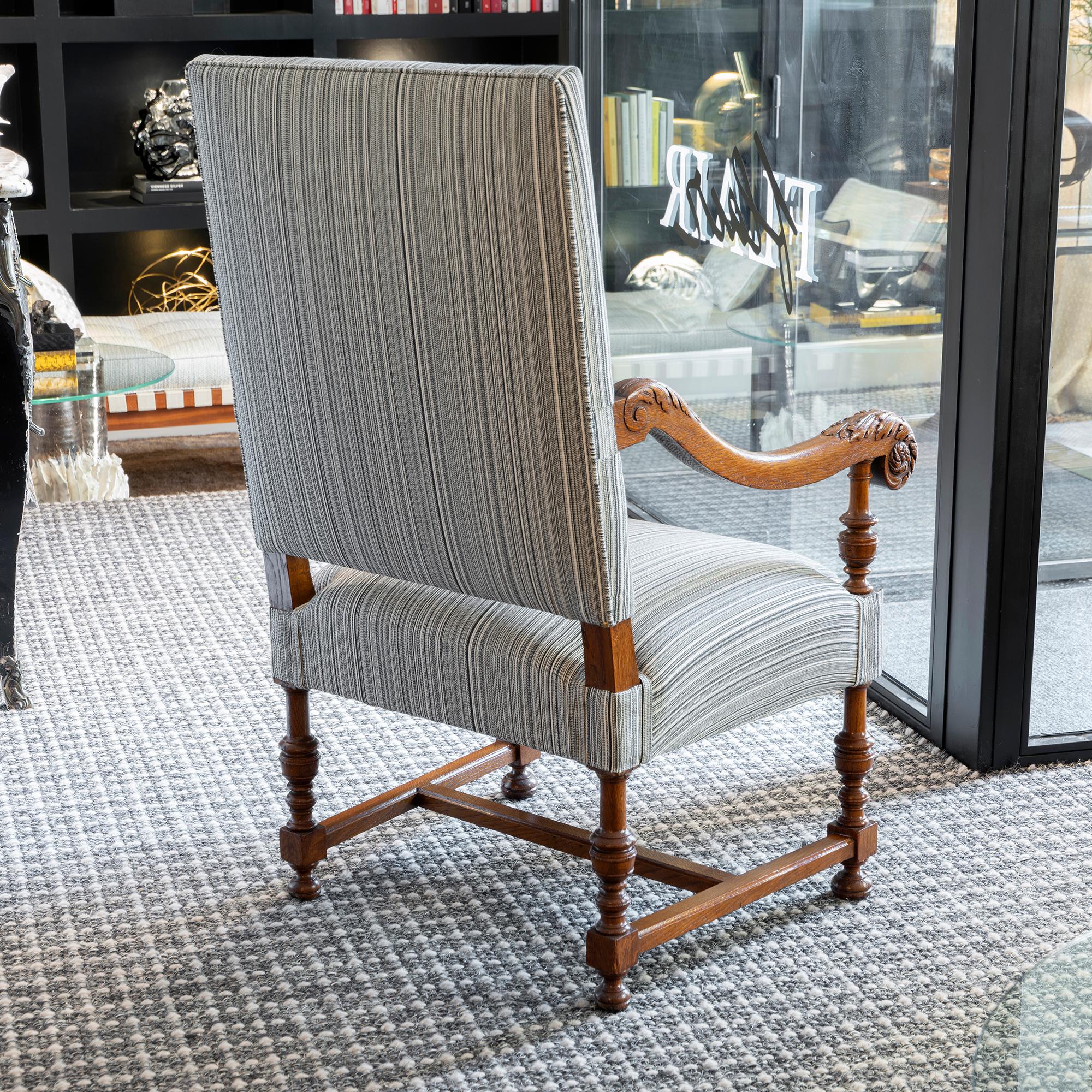 Late 19th Century French Walnut Armchair Black and White Stripes Fabric 1