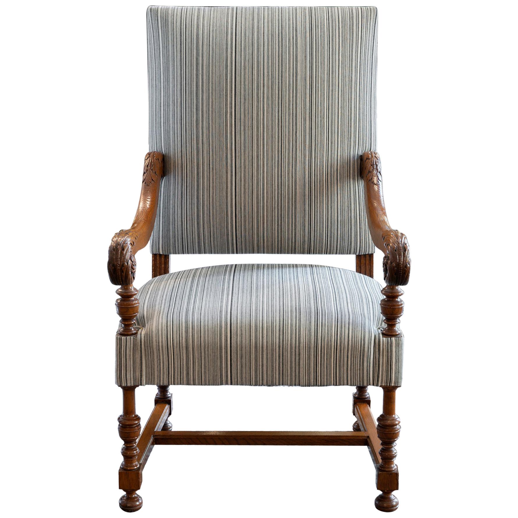 Late 19th Century French Walnut Armchair Black and White Stripes Fabric