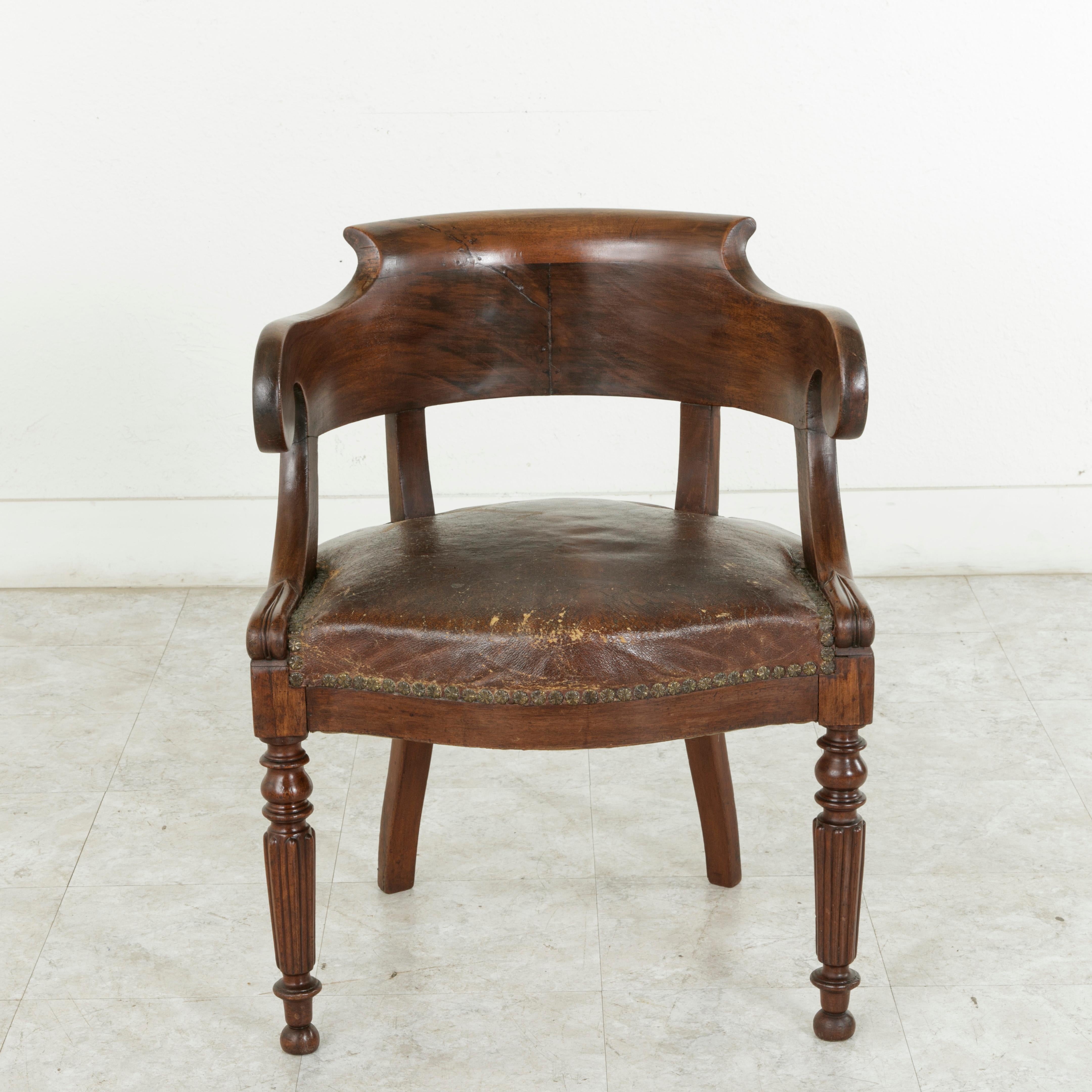 Late 19th Century French Walnut Armchair or Desk Chair with Leather Seat 1