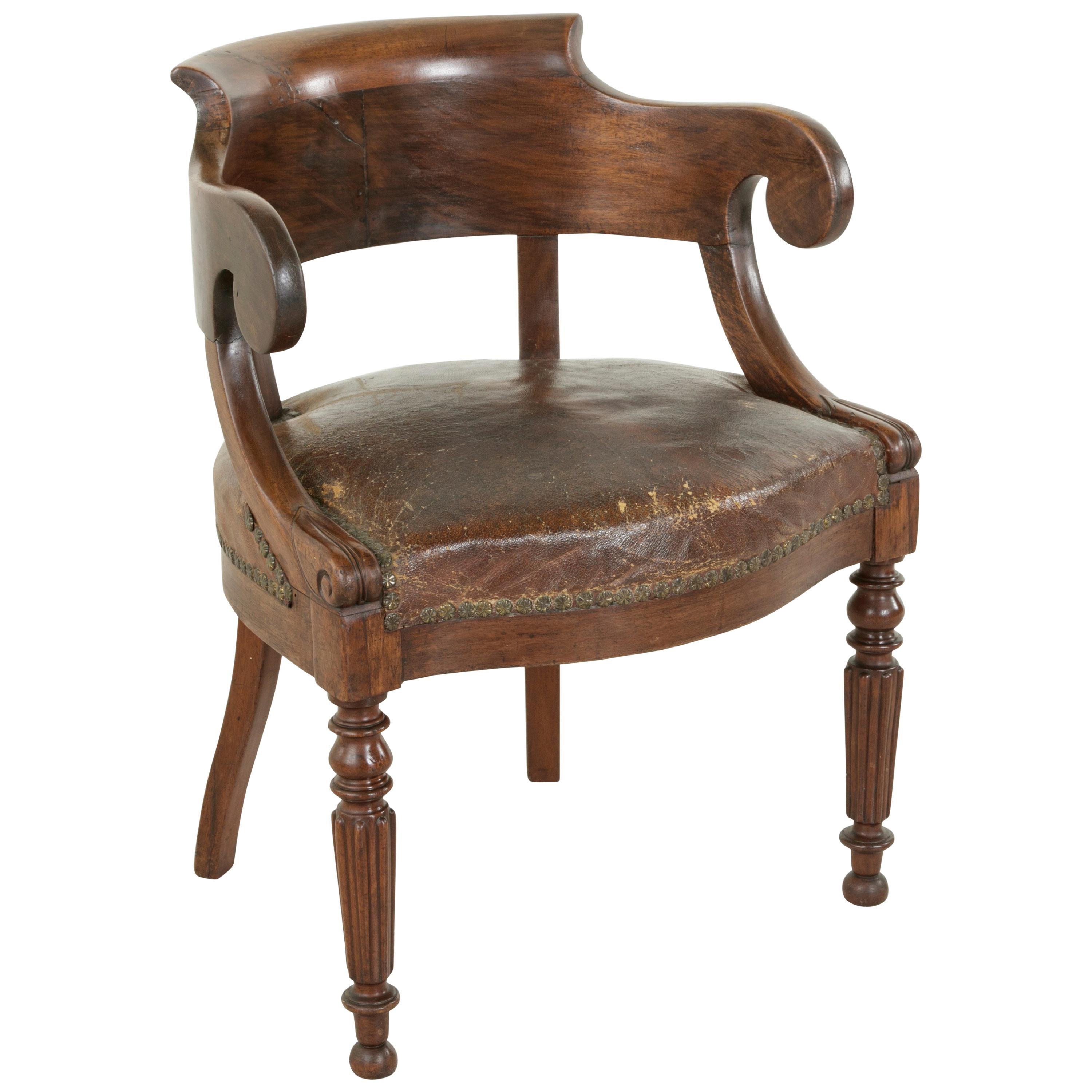 Late 19th Century French Walnut Armchair or Desk Chair with Leather Seat