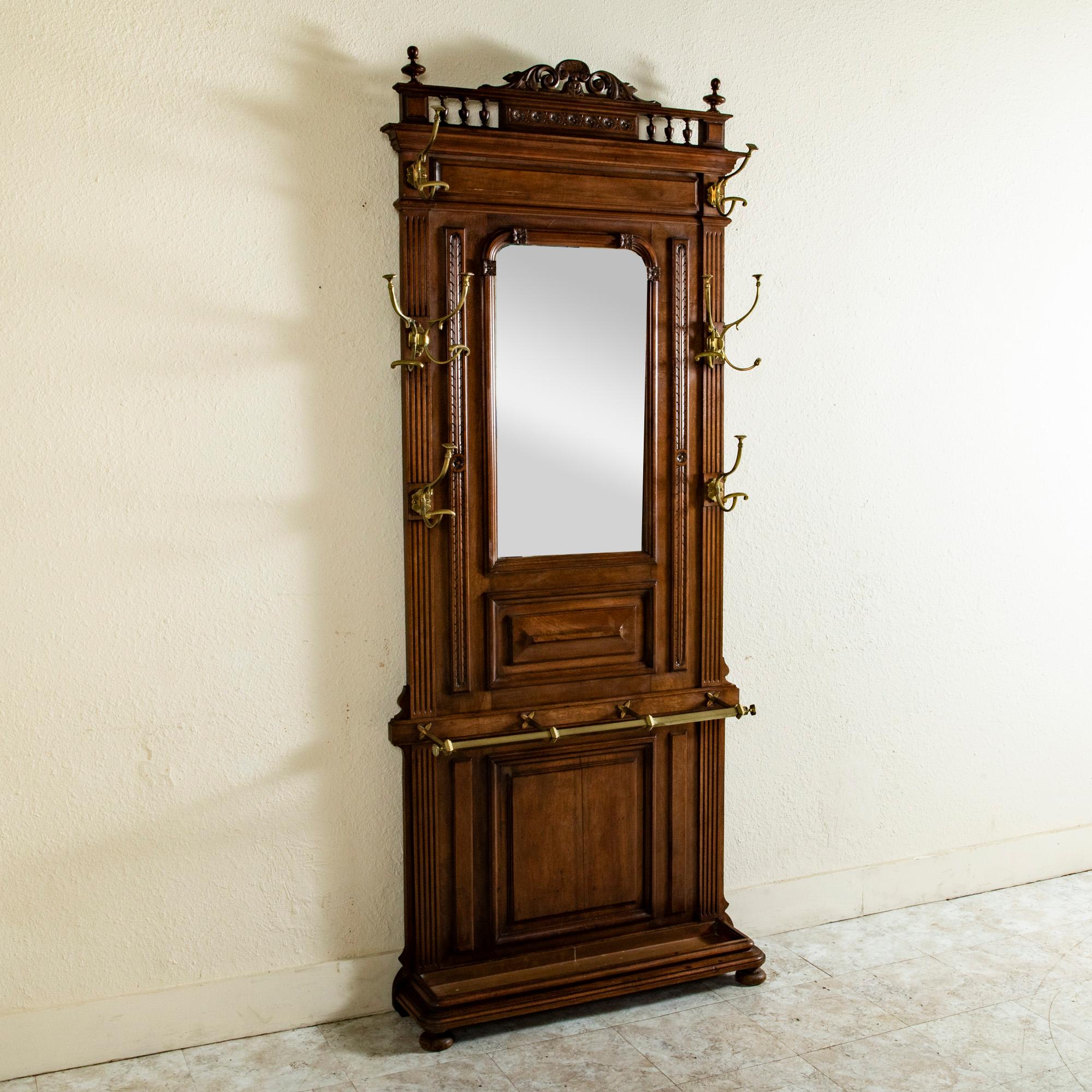 Bronze Late 19th Century French Walnut Hall Tree with Beveled Glass Mirror