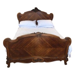 Late 19th Century French Walnut King Size Bed with Quarter Veneered Panels