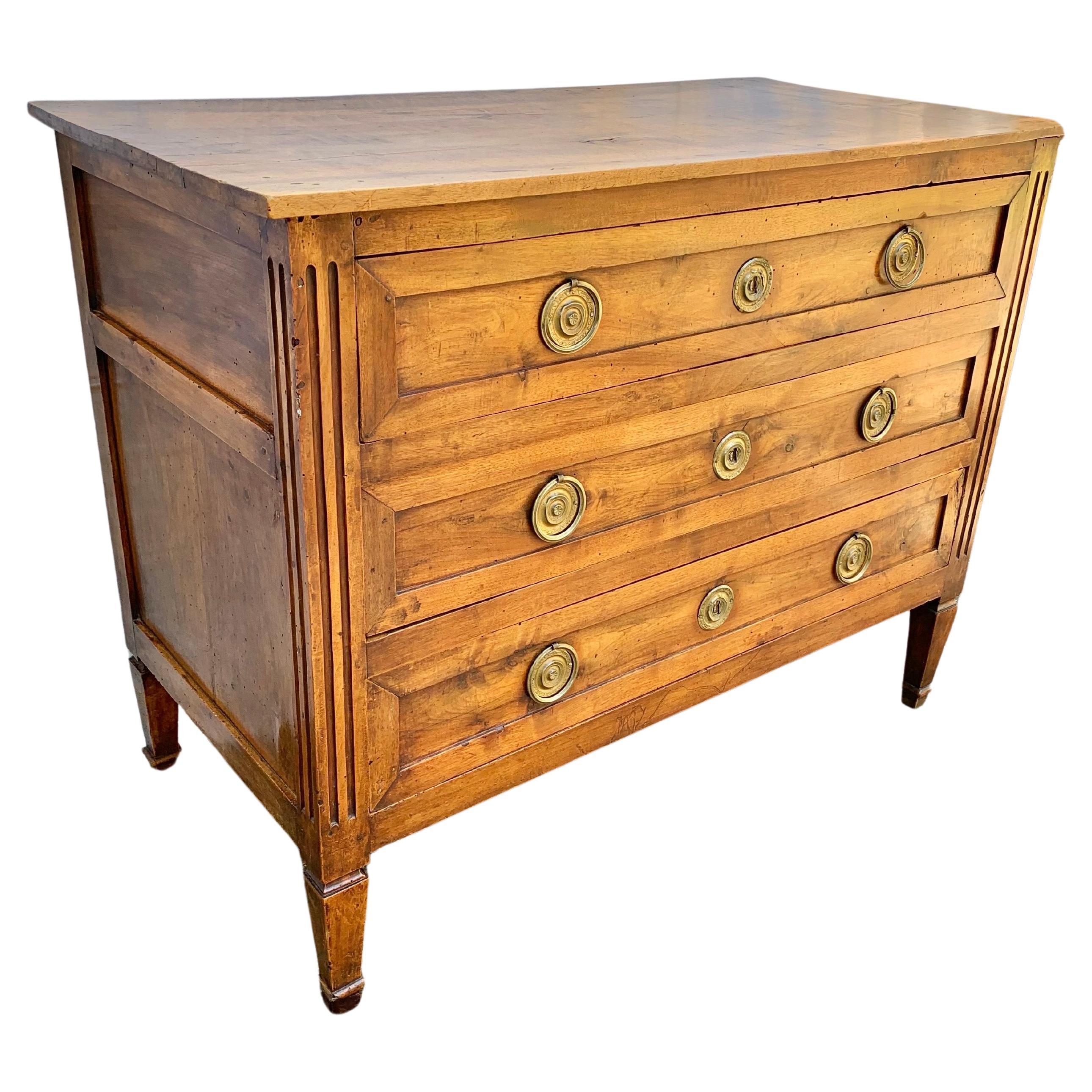 Late 19th Century French Walnut Louis XVI Style Three Drawer Commode For Sale