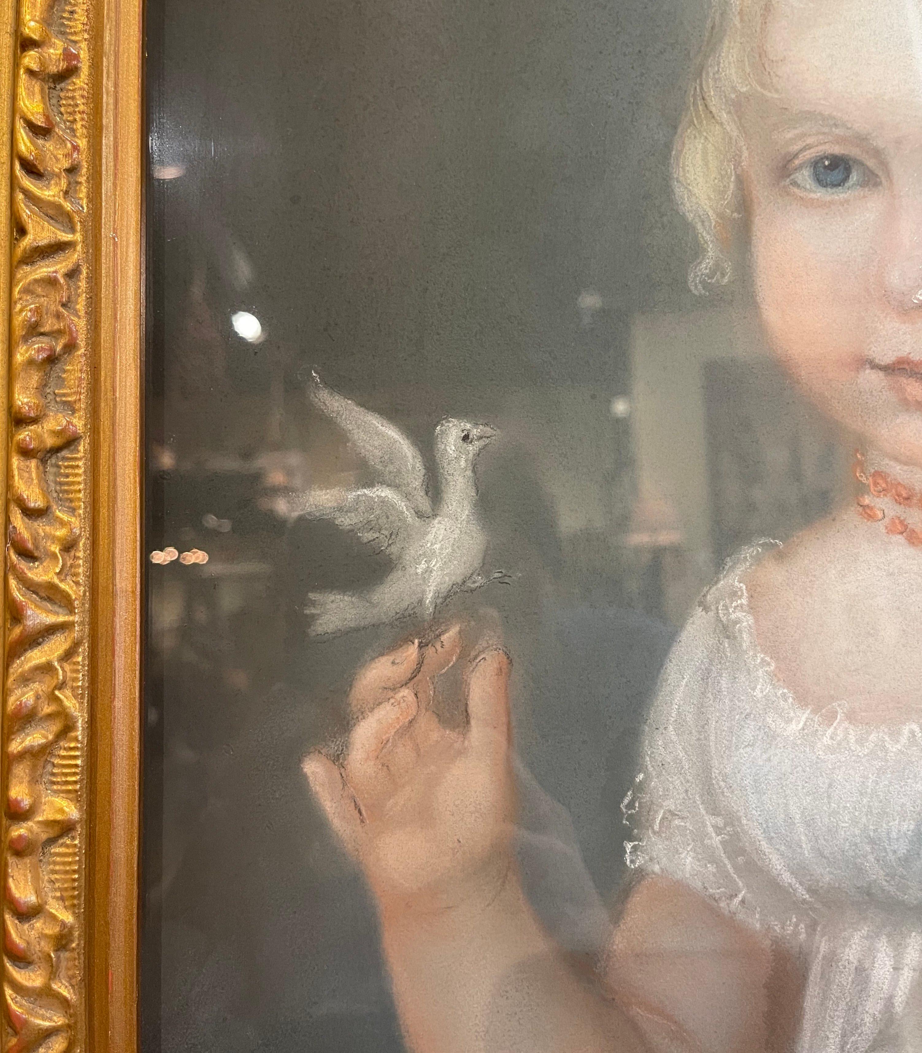 Carved Late 19th Century French Pastel Portrait of Young Girl with Bird in Gilt Frame For Sale