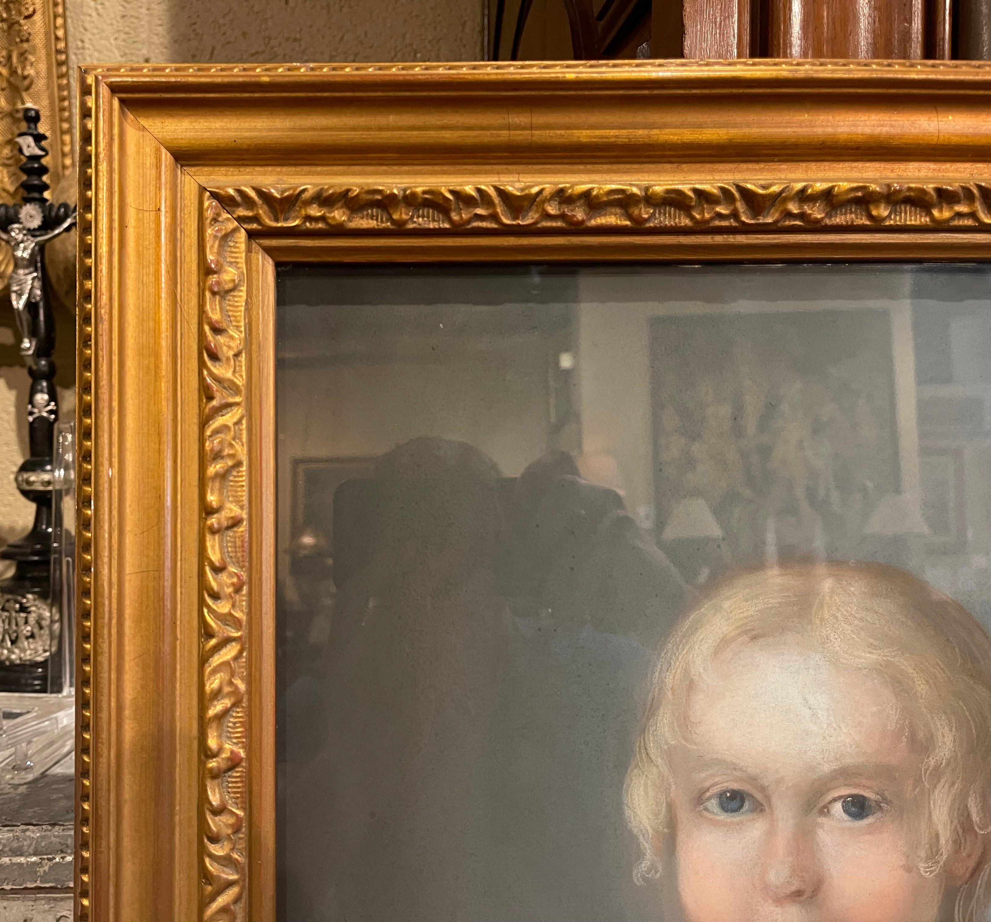 Canvas Late 19th Century French Pastel Portrait of Young Girl with Bird in Gilt Frame For Sale