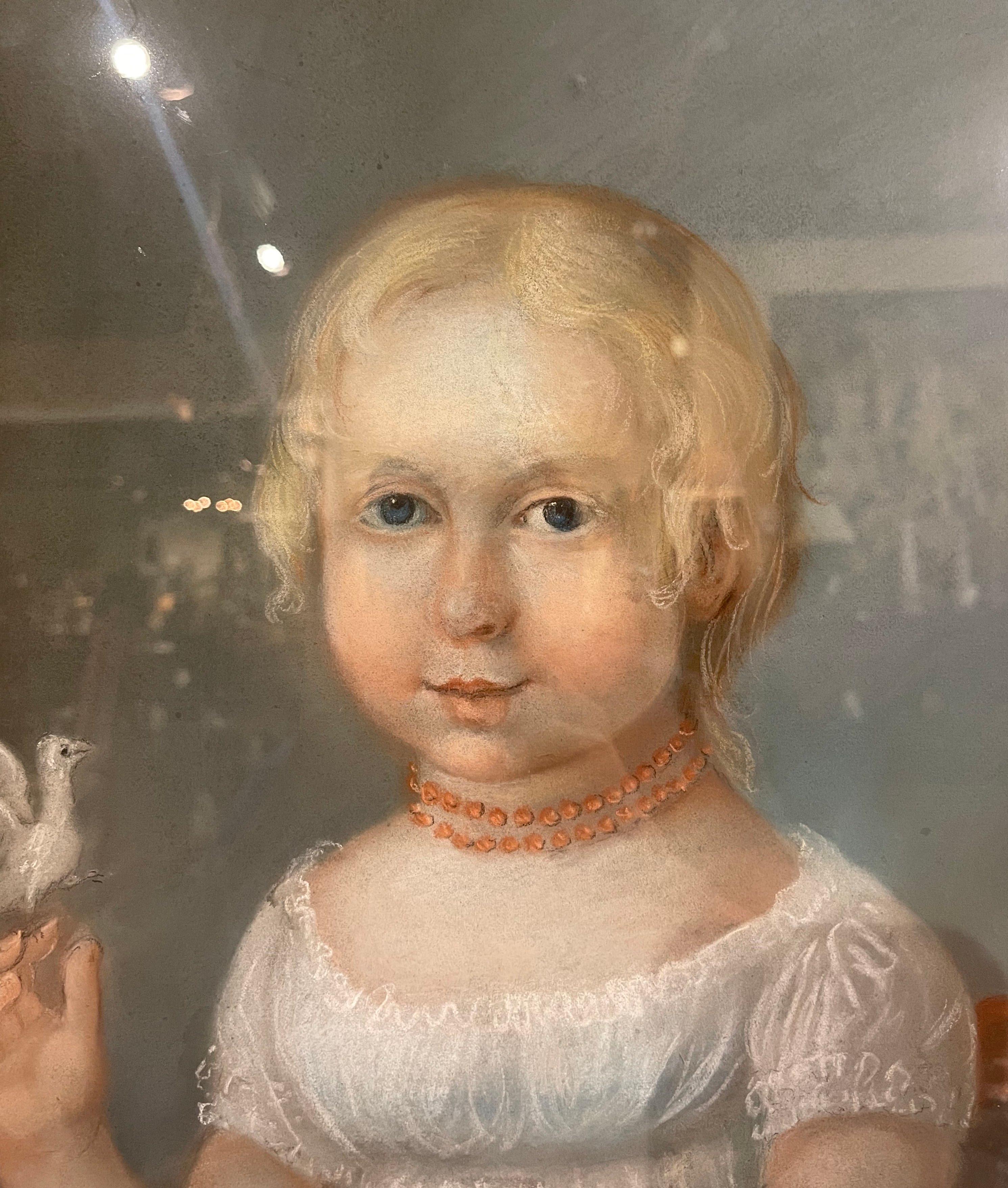 Late 19th Century French Pastel Portrait of Young Girl with Bird in Gilt Frame For Sale 1