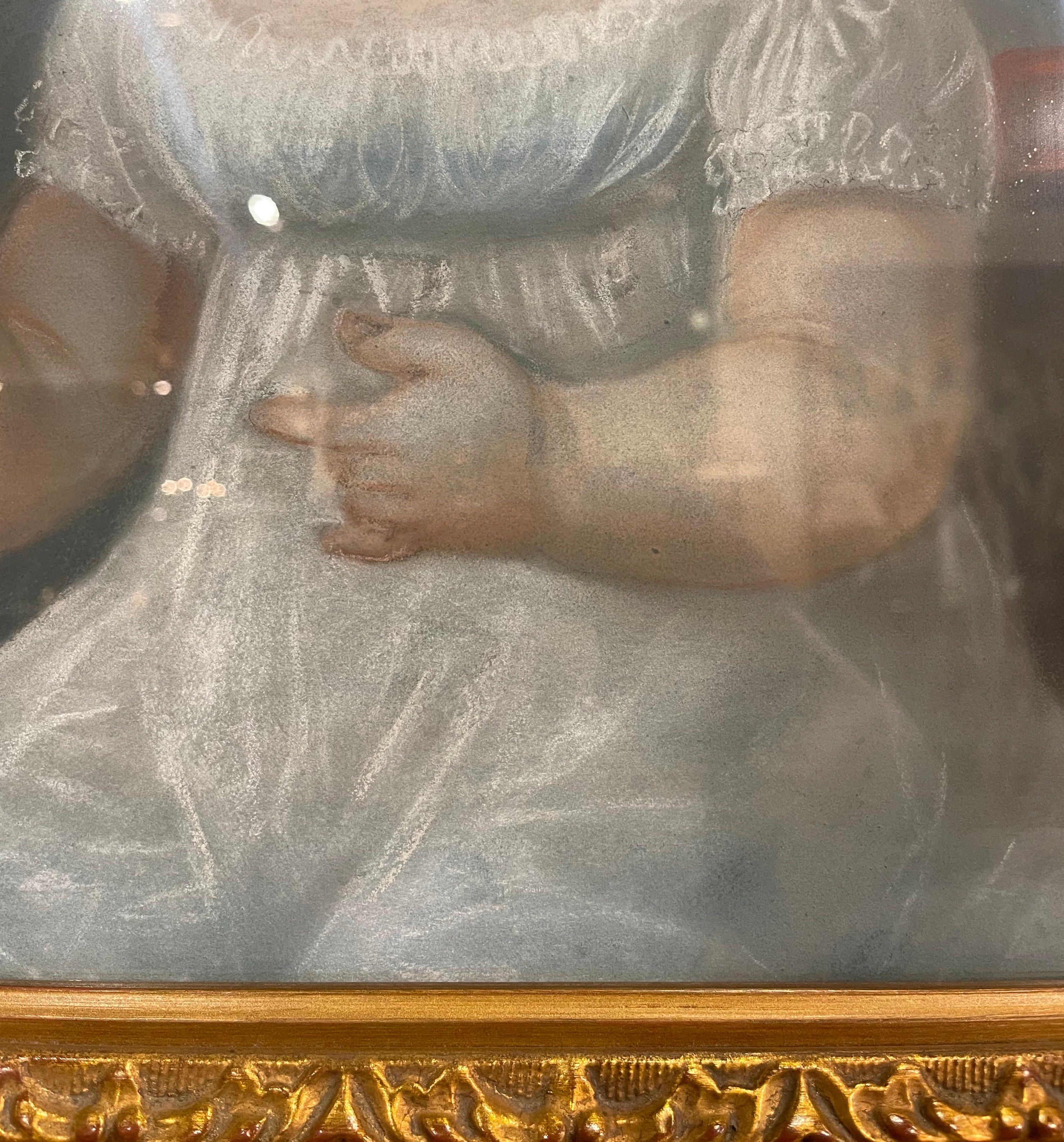 Late 19th Century French Pastel Portrait of Young Girl with Bird in Gilt Frame For Sale 2