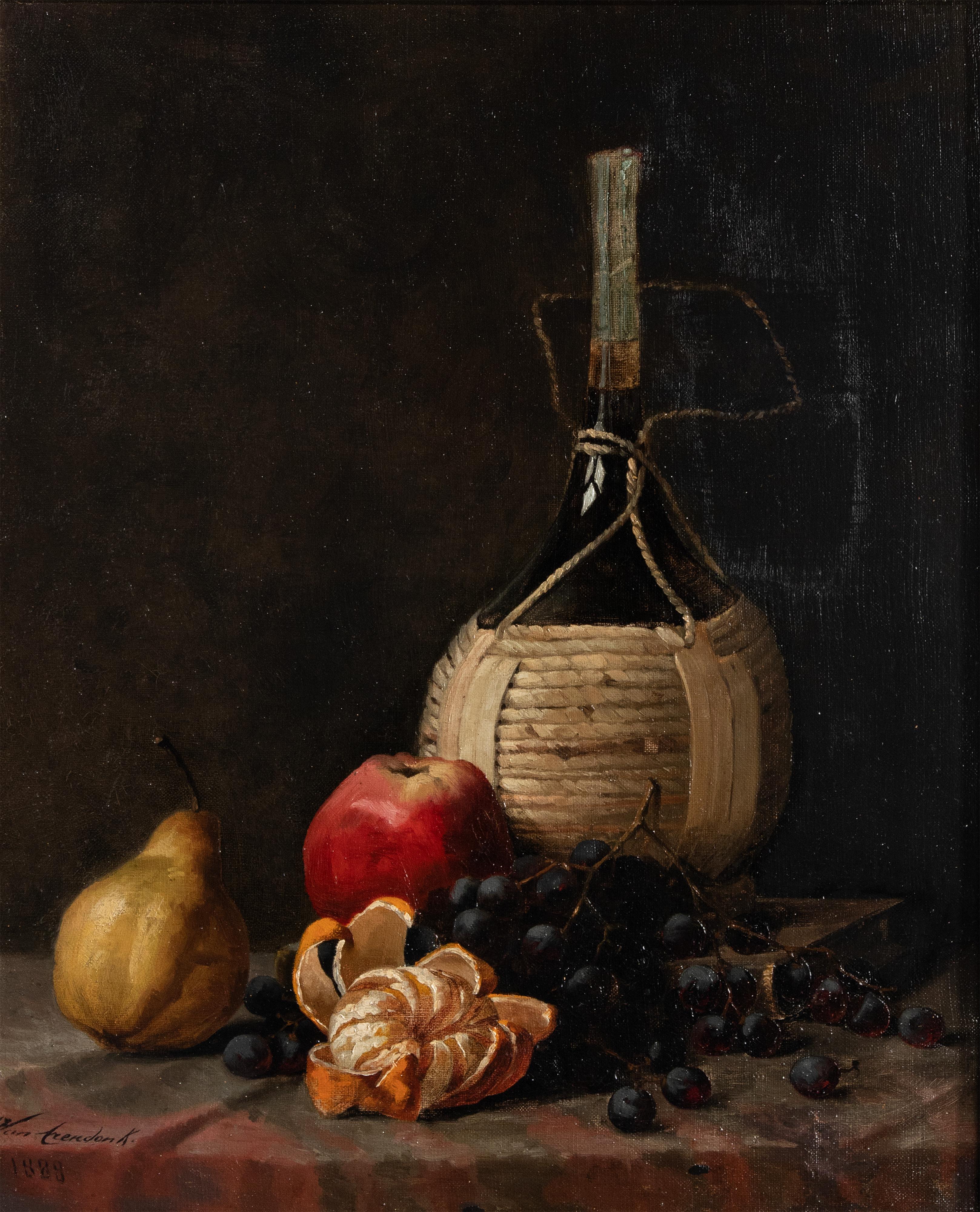 An antique still life oil painting with fruit, pear, apple, grapes and peeled mandarin. In the background a wine bottle. The painting is signed and dated lower left' Van Arendonk, 1884. The frame is made of gesso on a wooden frame.
Point of