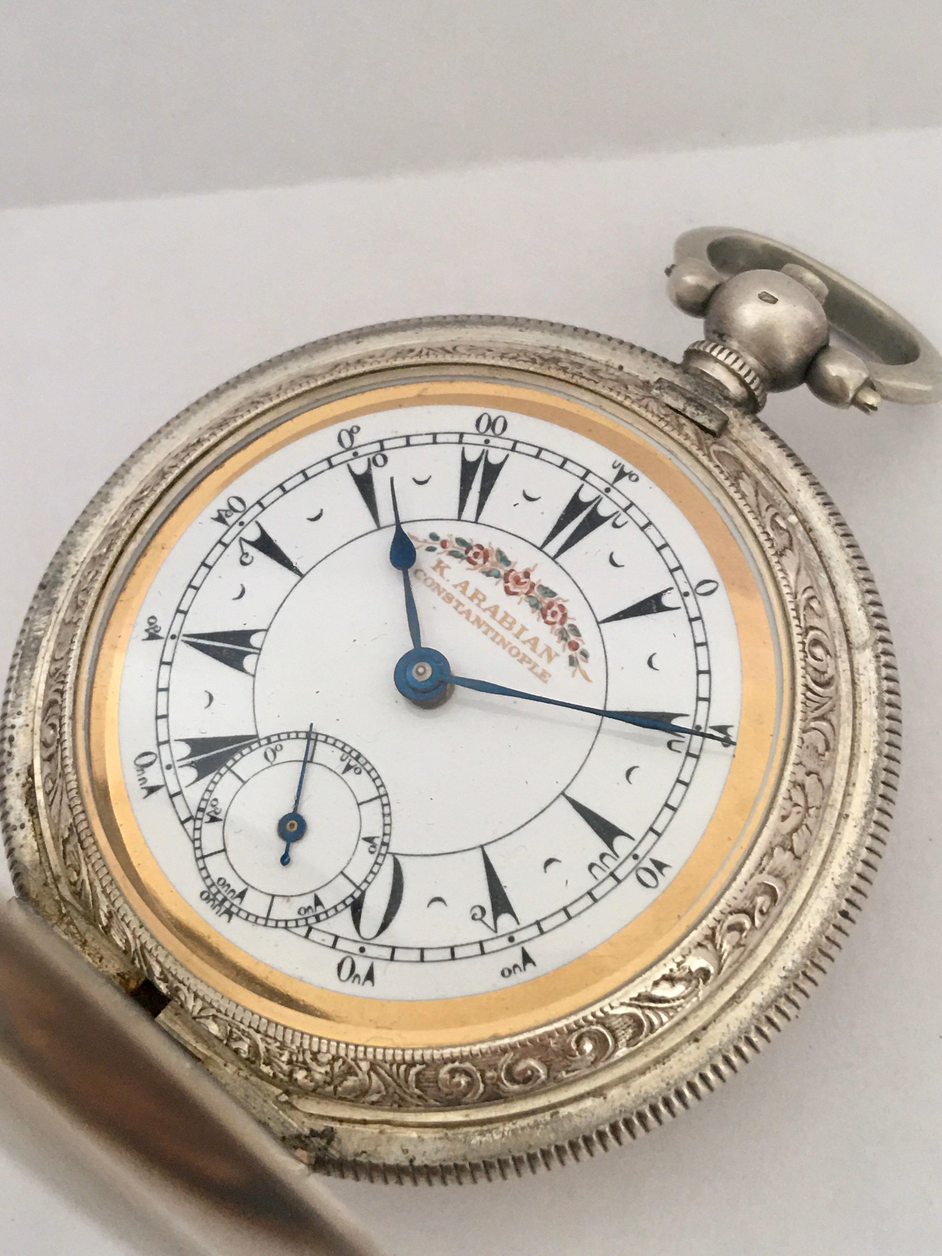 This beautiful full hunter silver pocket watch is working and it is ticking well. Visible signs of wearing on the silver case and the metal work cover as shown.

Please study the images carefully as form part of the description.

