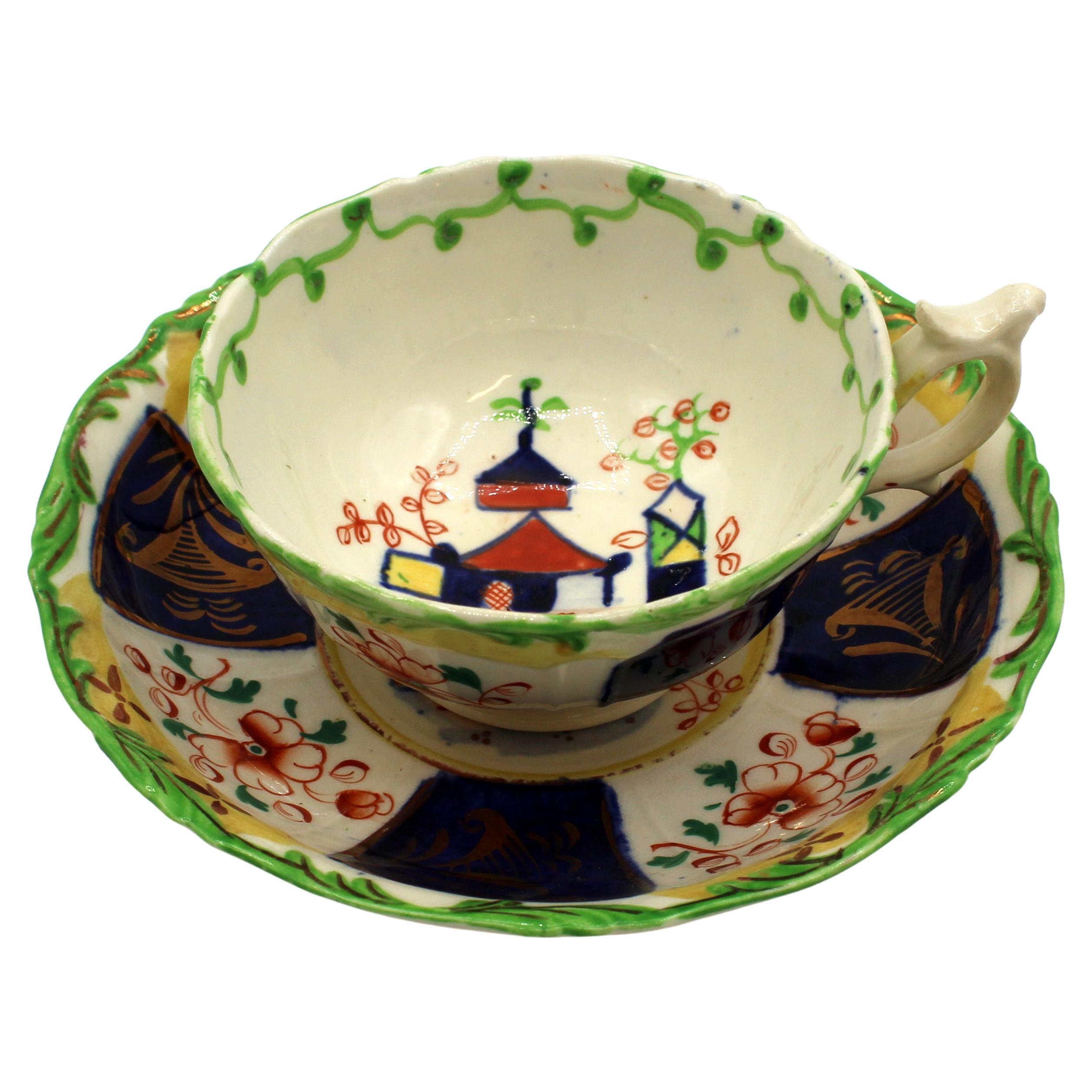 Gaudy Welsh „Burma“-Tasse und Untertasse mit Muster aus dem späten 19. Jahrhundert