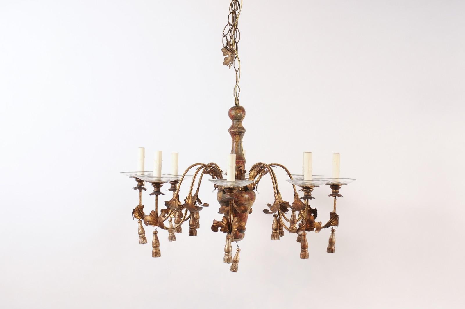 Late 19th Century Genovese Italian 8 Lite Chandelier with Faux Marbleized & Gilt Tole Details