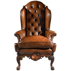 Late 19th Century George II Style Walnut Leather Upholstered Wing Back Armchair