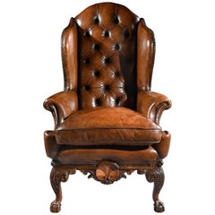 Late 19th Century George II Style Walnut Leather Upholstered Wing Back Armchair 