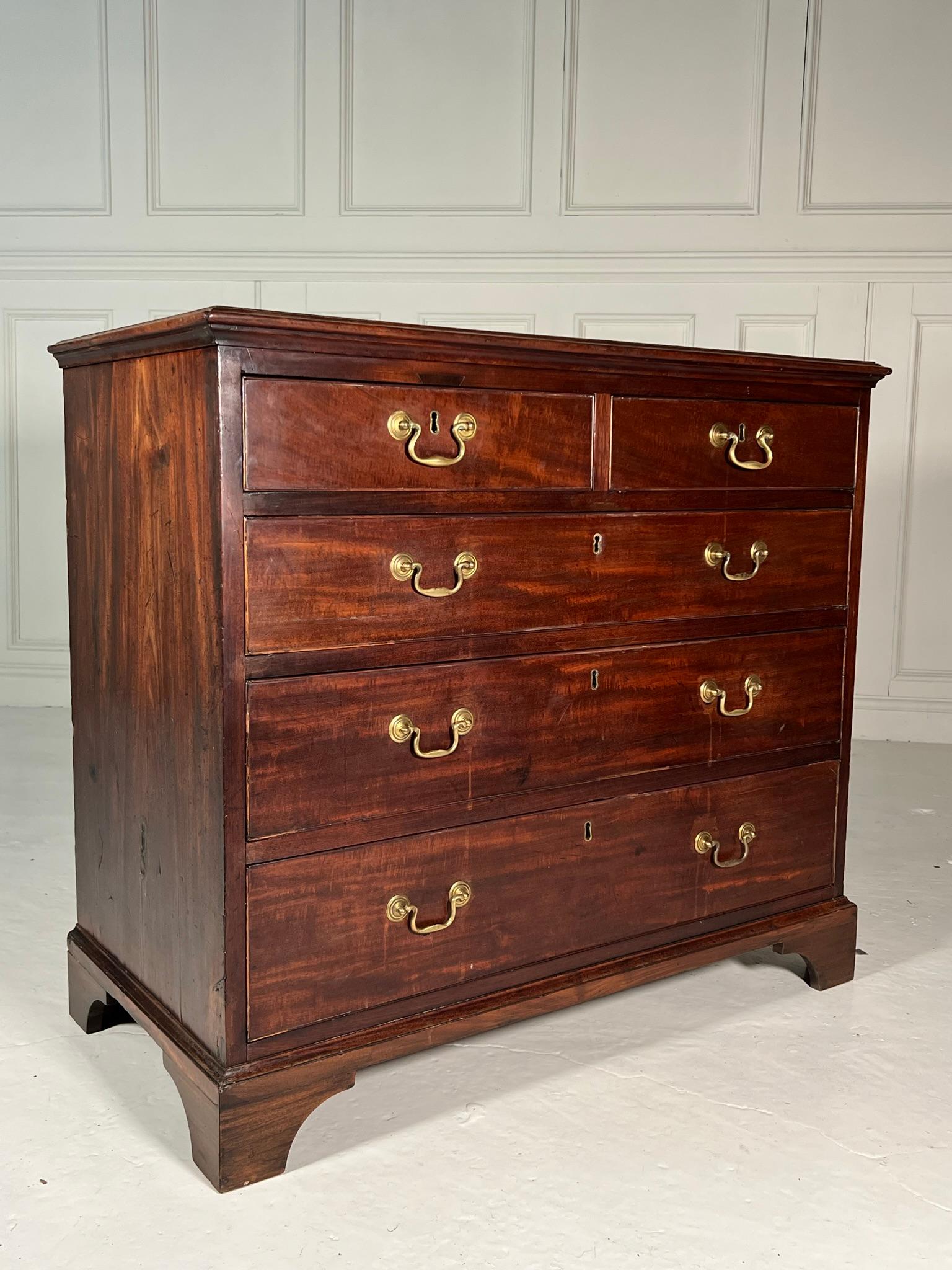 Late 19th century Georgian revival chest of drawers.

Well proportioned mahogany chest with crossbanded top above 5 cock-beaded drawers raised on bracket feet.

An excellent quality chest.

A slight watermark to the front as