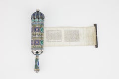 Late 19th Century Georgian Silver and Enamel Megillah Case and Esther Scroll