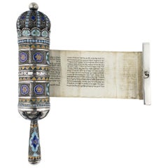 Antique Late 19th Century Georgian Silver and Enamel Megillah Case and Esther Scroll