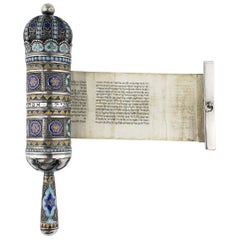 Late 19th Century Georgian Silver and Enamel Megillah Case and Esther Scroll