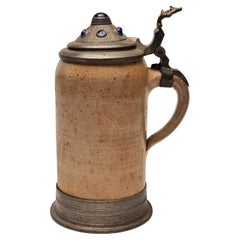 Stein da birra tedesco della fine del XIX secolo con decorazioni in vetro blu cobalto
