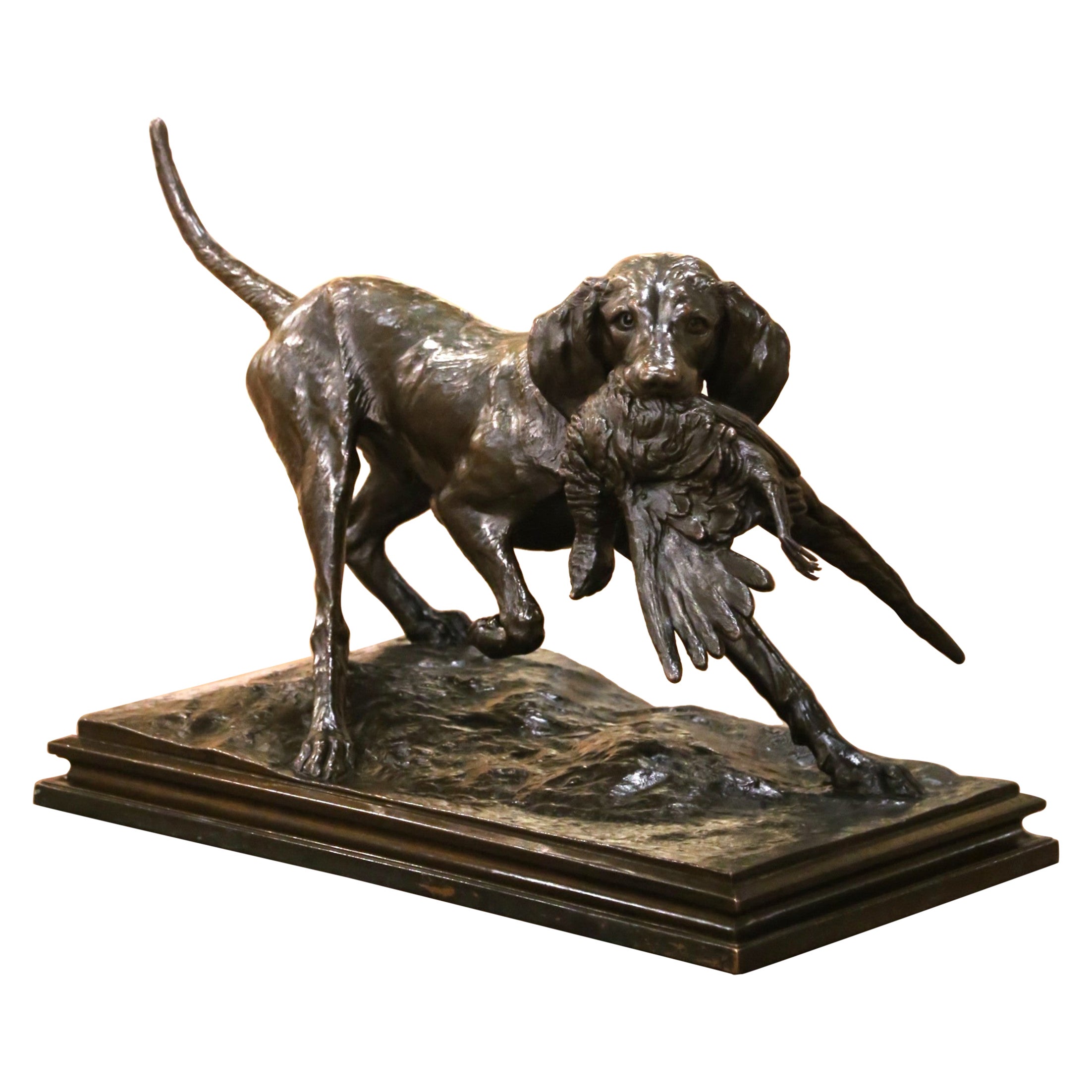Late 19th Century German Brass & Plaster Hunting Dog Sculpture by Emil Wünsche For Sale