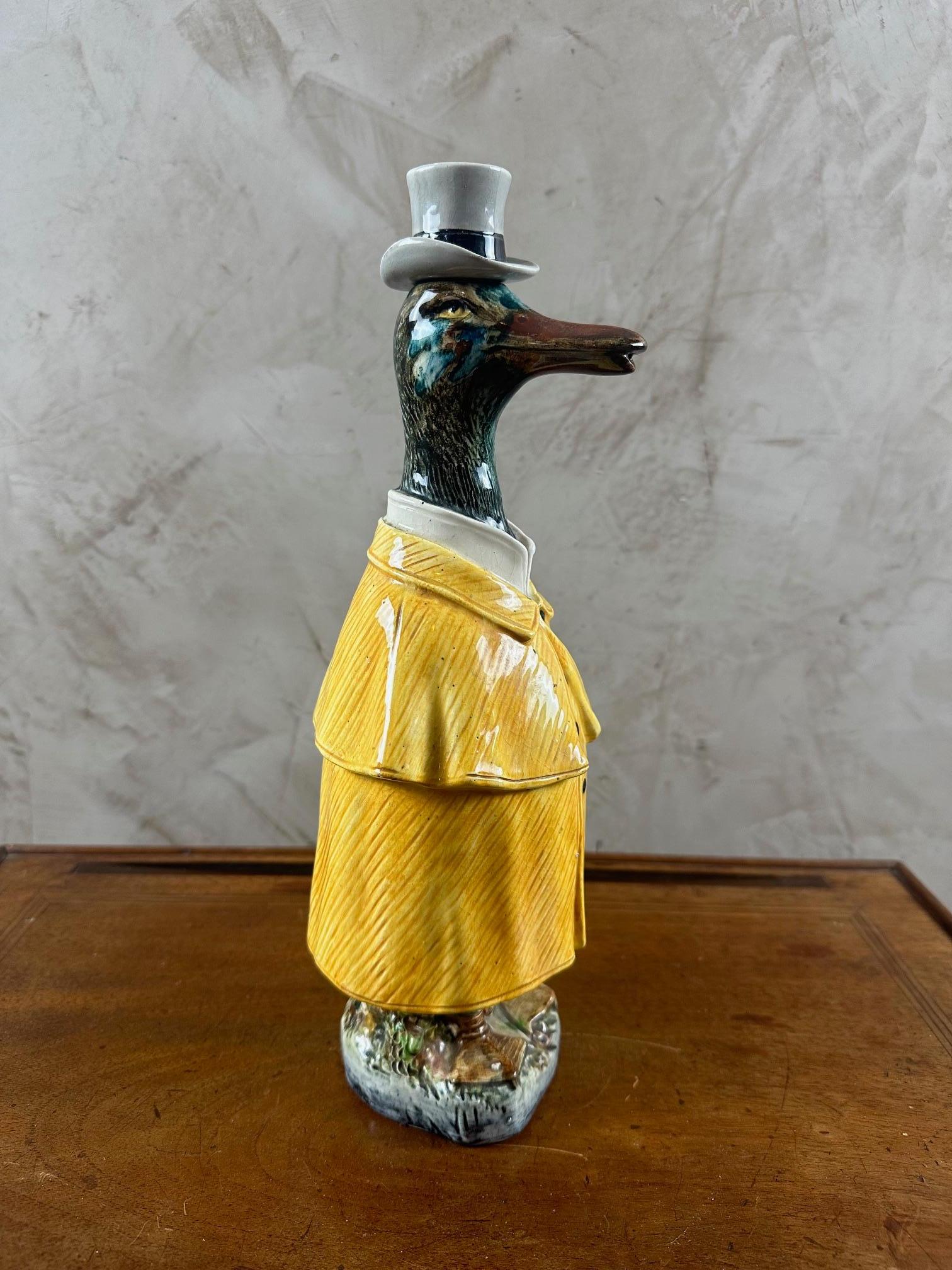 Late 19th century German Majolica Duck Decanter, 1890s In Good Condition In LEGNY, FR