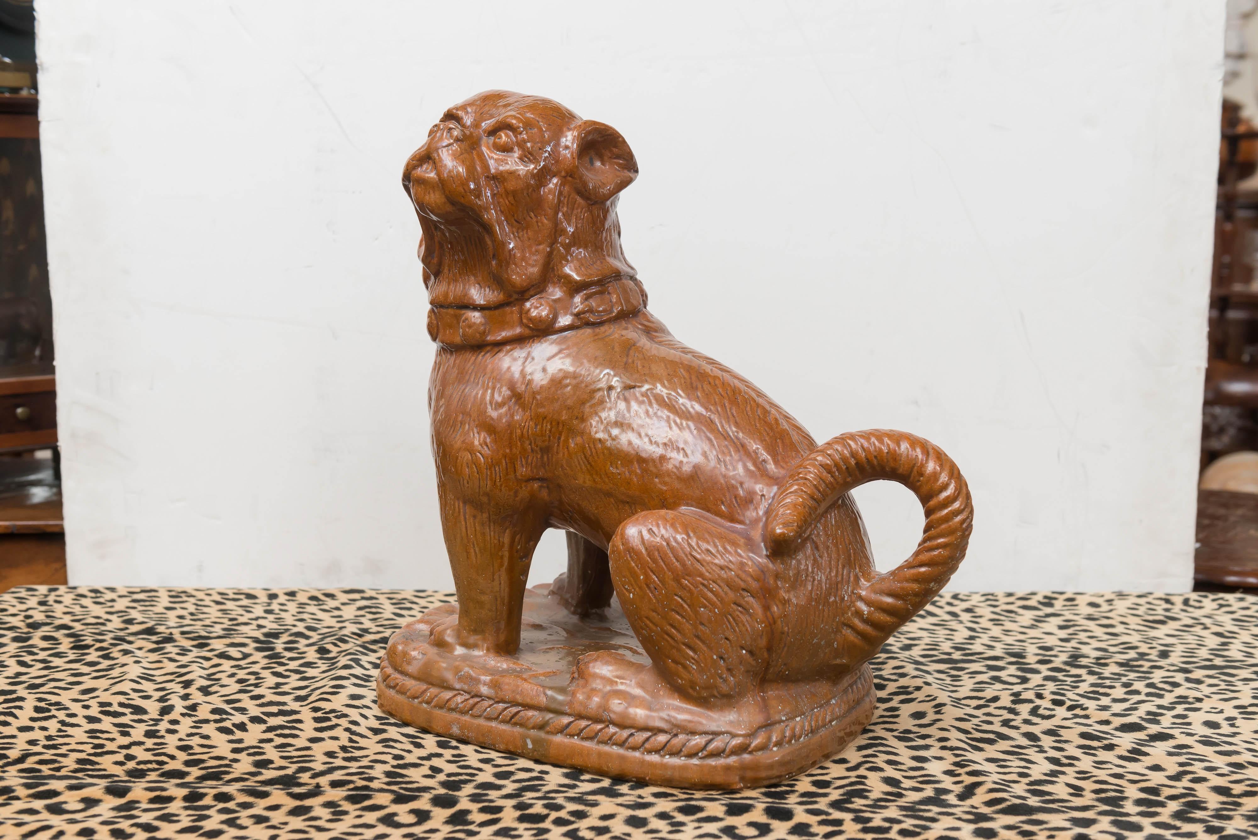 Folk Art Late 19th Century German Pug Dog, Heavy Terracotta with Brown Carmel Color Glaze For Sale